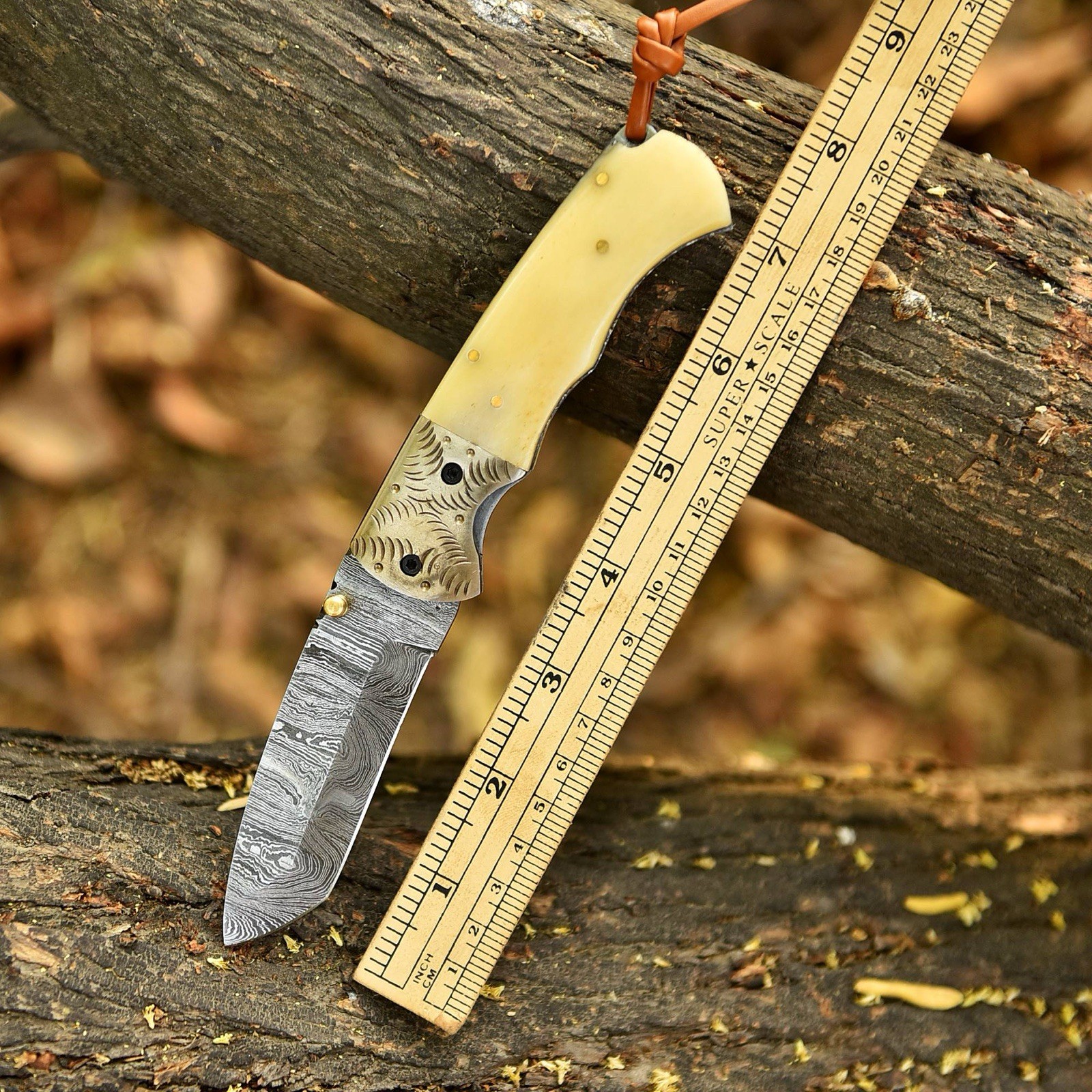 Custom Made Damascus Folding Tanto Blade Pocket Knife Original Camel Bone Handle