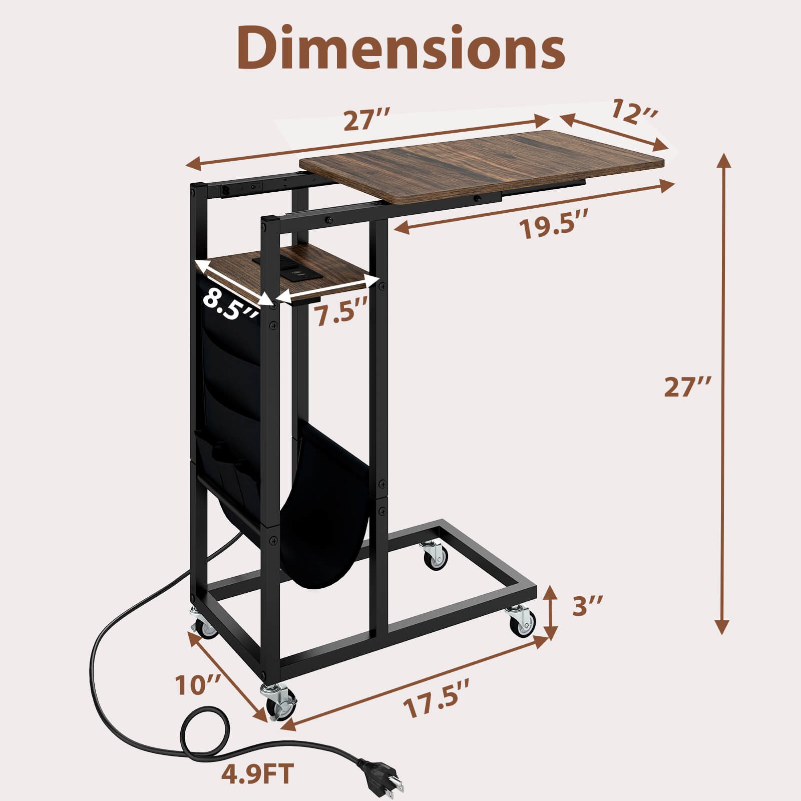 C-shaped End Table w/ Charging Station Rolling Bedside Table Couch Side Table