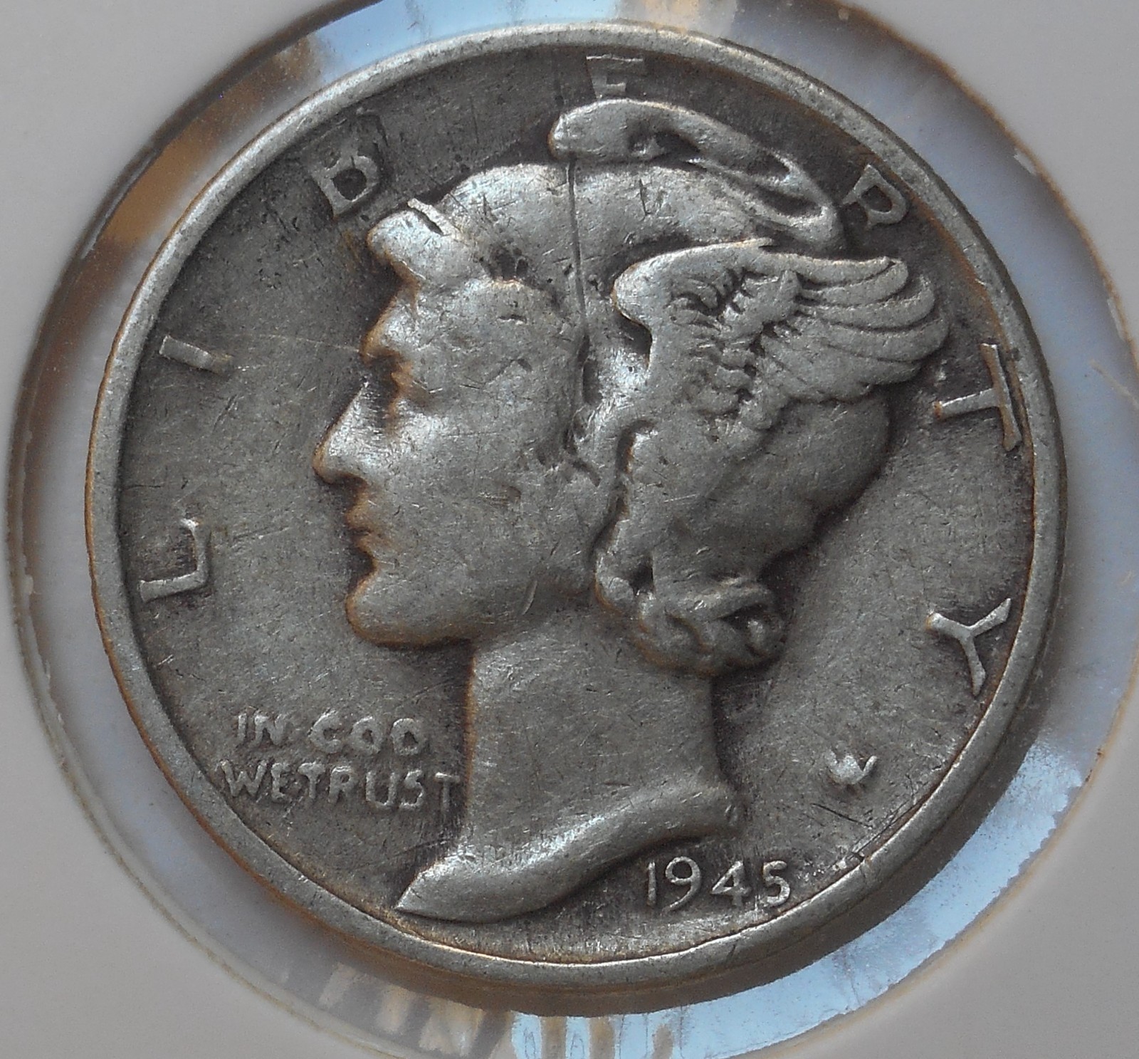 1945-s . Trumpet-S . Mercury Dime . VF . Very Fine . Silver . VF