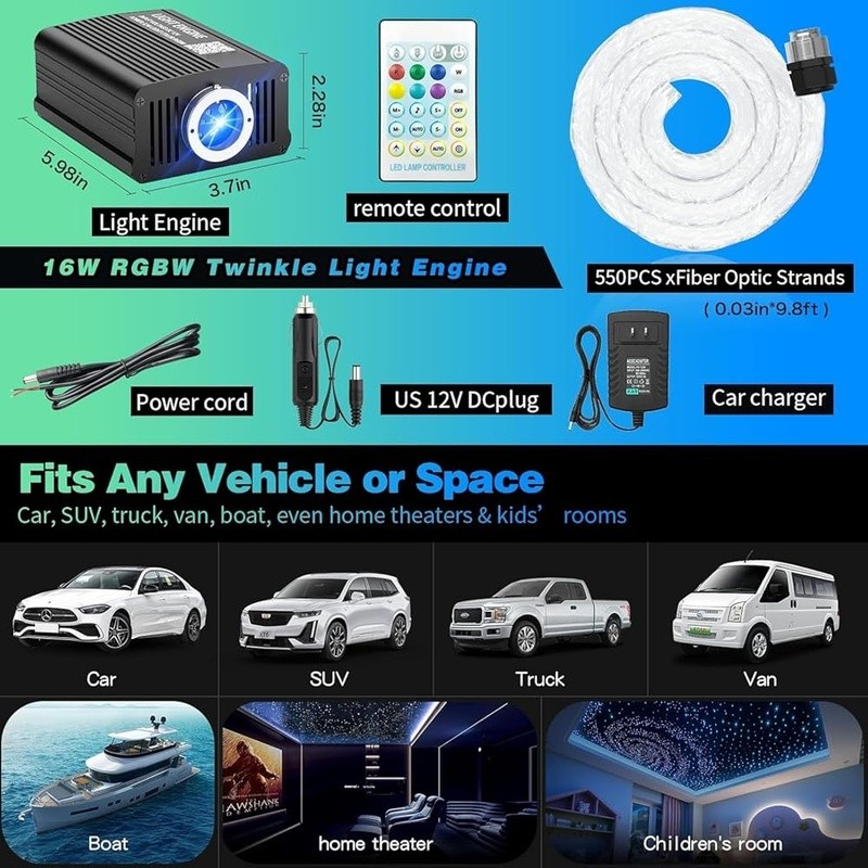 Starlight Headliner Kit 550pcs Bluetooth APP Remote Control Fiber Optic Light US