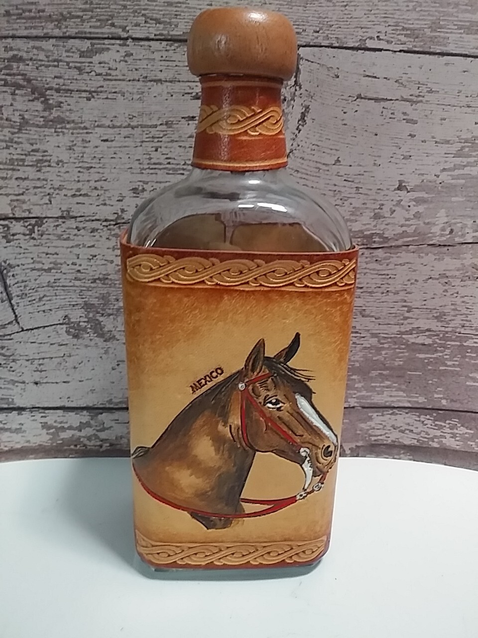 Vintage Tequila Bottle With Leather Horse Image From Mexico