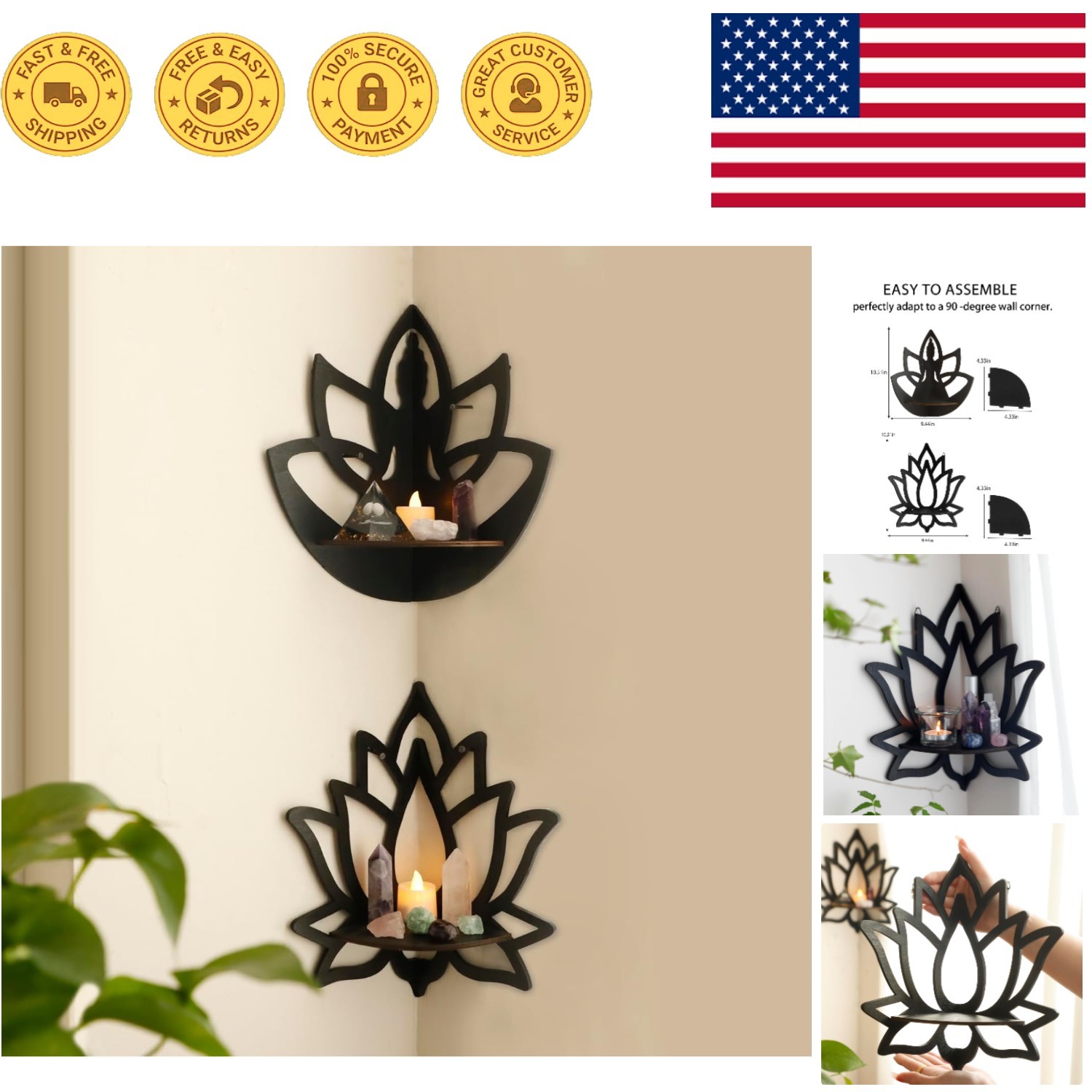 Charming Lotus Floating Shelves - Ideal Wall Display for Crystals and Decor
