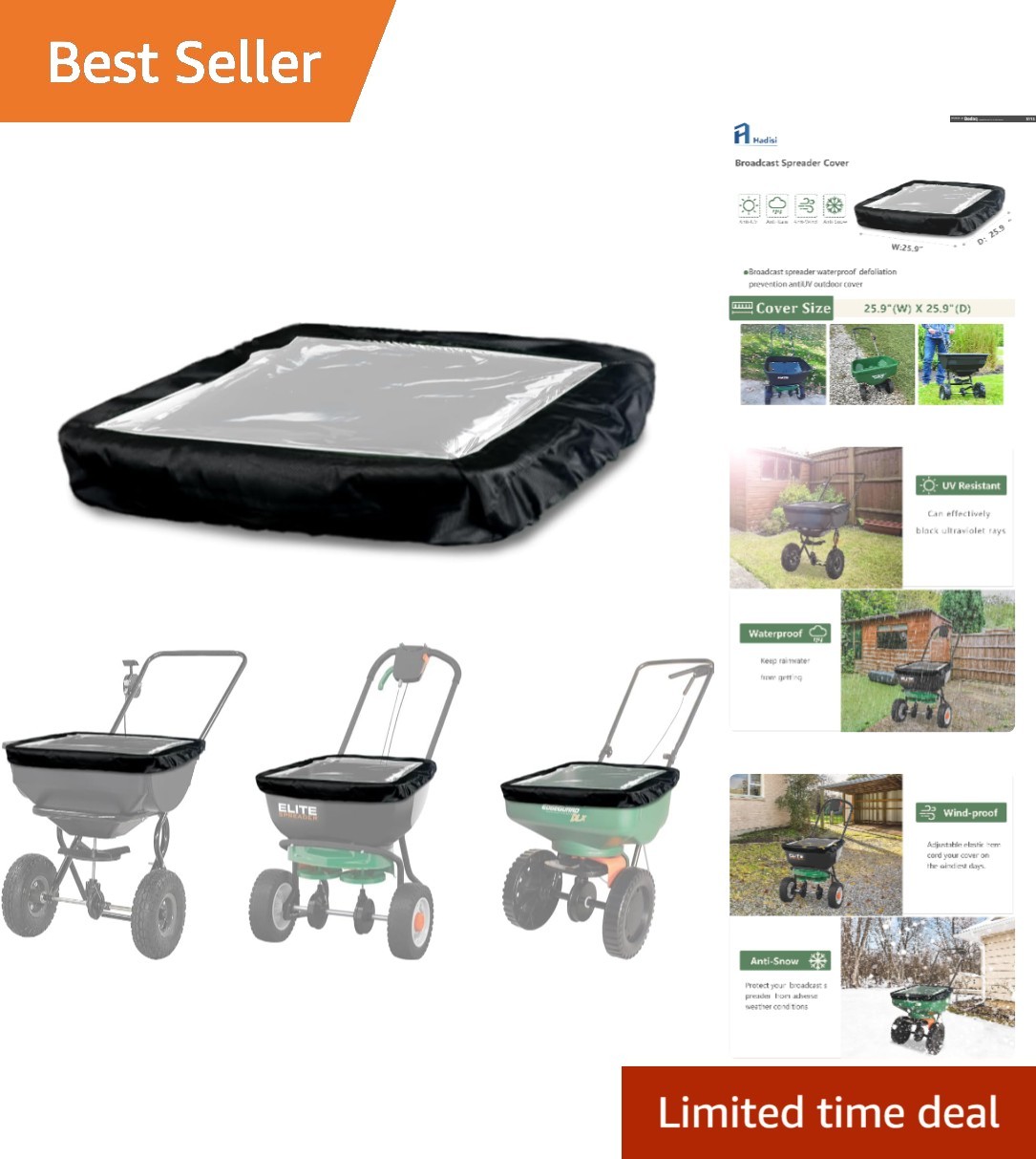 Heavy-Duty Waterproof Broadcast Spreader Cover with PVC Window - 25.9" x 25.9"