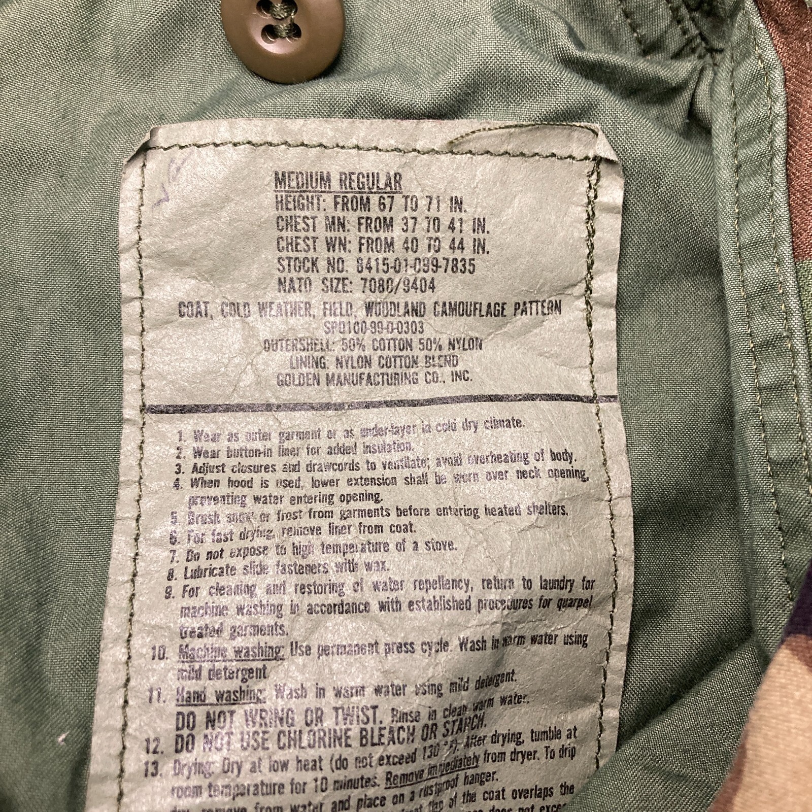 US Army M65 Woodland Camo Cold Weather Field Coat Mens M Military Jacket