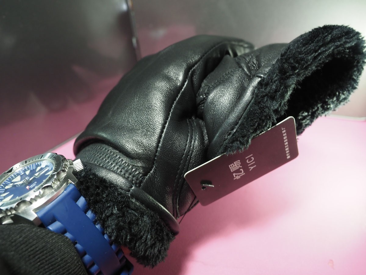 Men leather gloves Black Fine soft sheepskin Soft and warm lining(L)