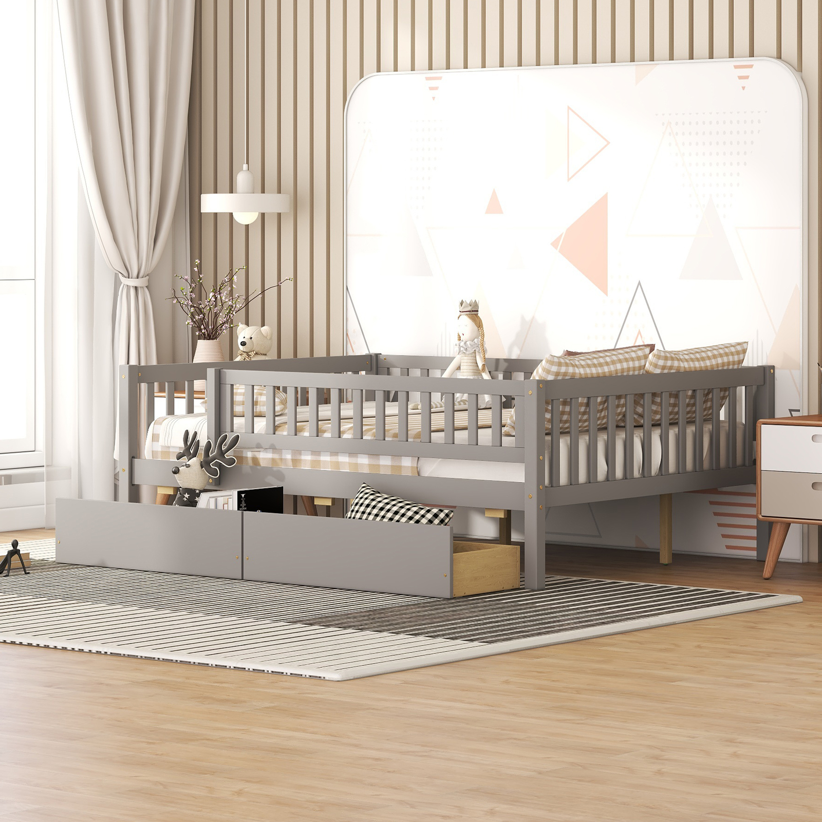 Modern Full Size Daybed Sofa Bed Wood Slatted Bed Frame with Two Drawers Gray
