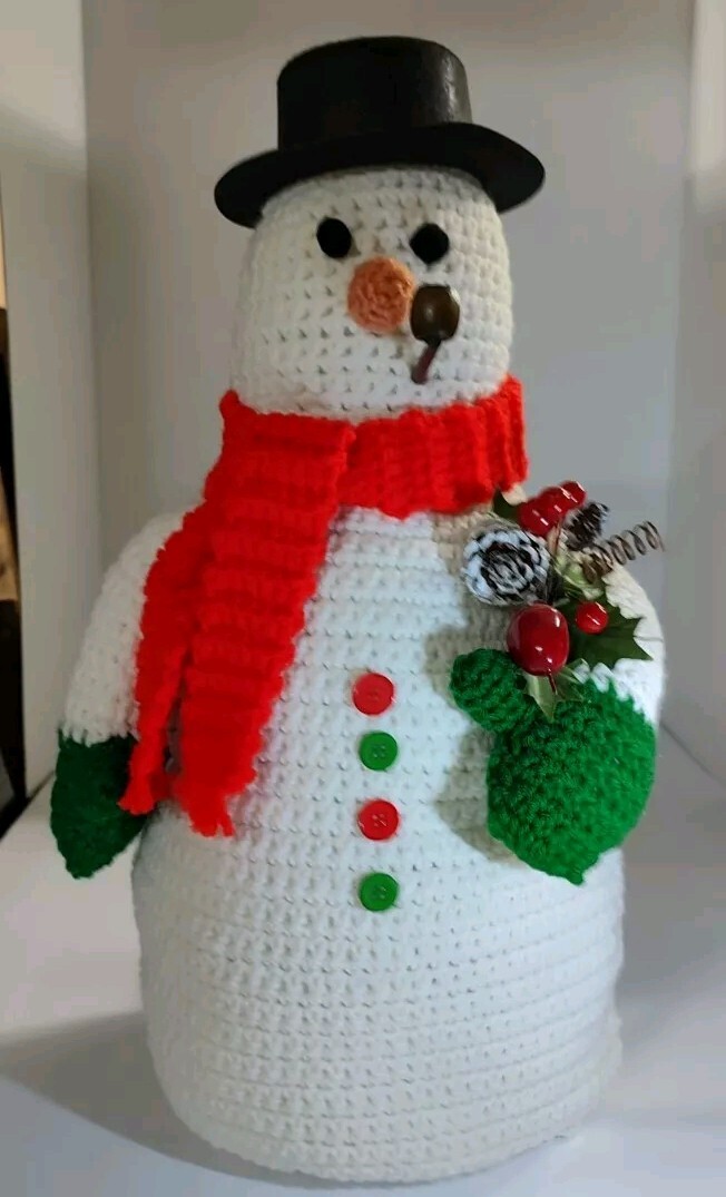 Handmade Crocheted Snowman With Hat, Pipe, Scarf, Gloves 16" Tall x 8"