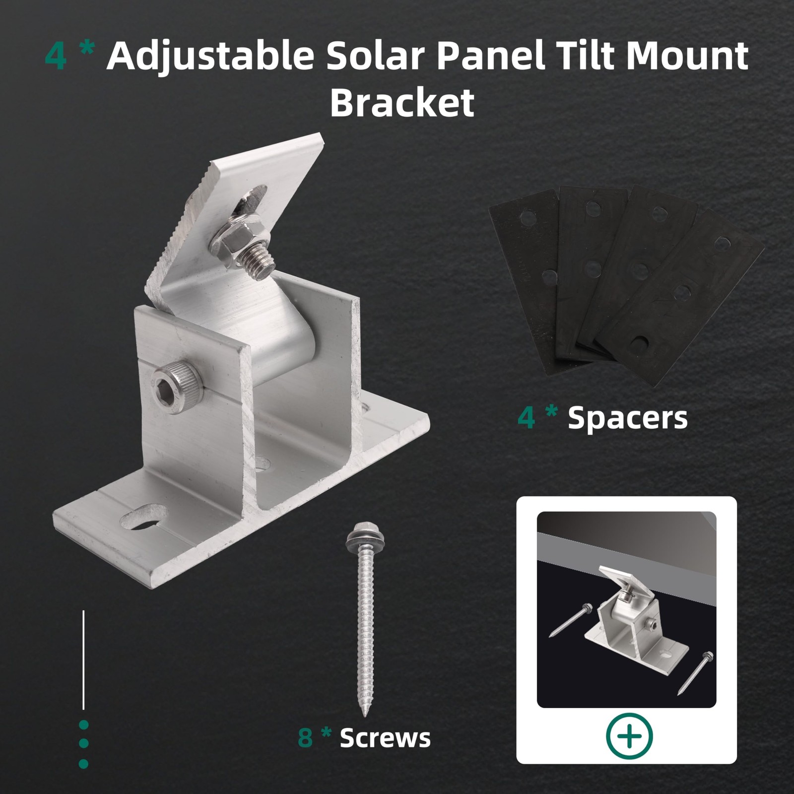 4 Pack Adjustable Solar Panel Tilt Mount Bracket Base, Tilt Angle 10°-60