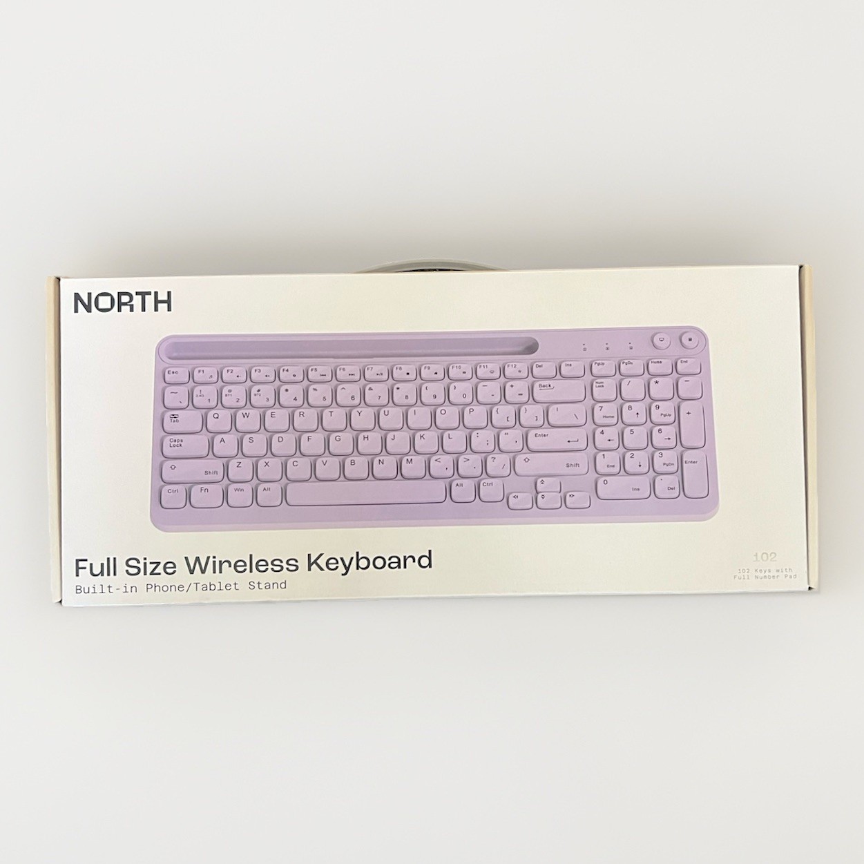 North Full Size Wireless Keyboard w/ Built-in Phone/Tablet Stand - Lavender, New
