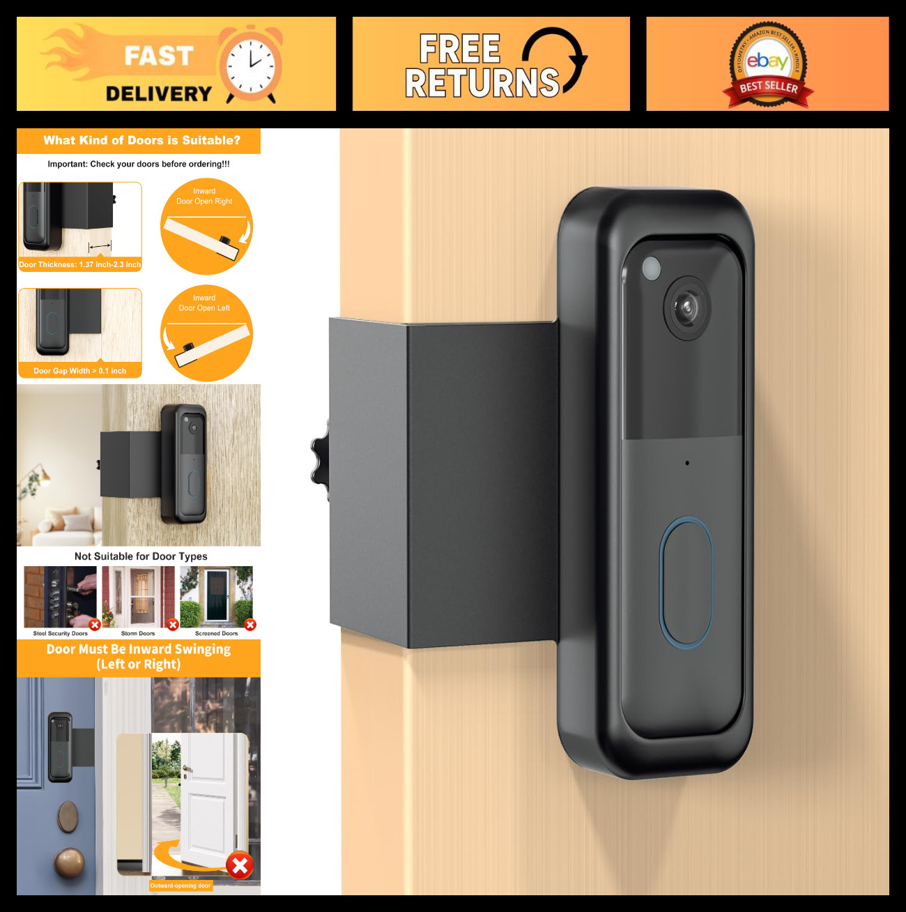 Anti-Theft Video Doorbell Mount Bracket, No Drill, Easy Install, Fits Most Camer
