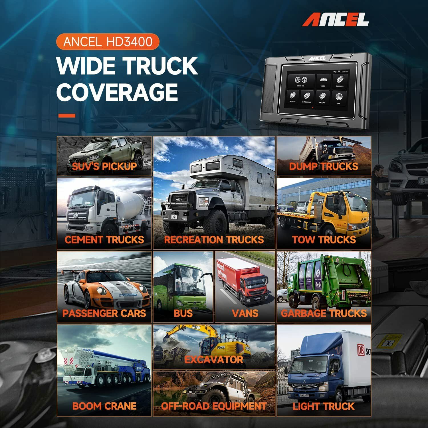 ANCEL HD3400 DPF Regen Heavy Duty Truck Diagnostic Scanner OBD2 Car Code Reader