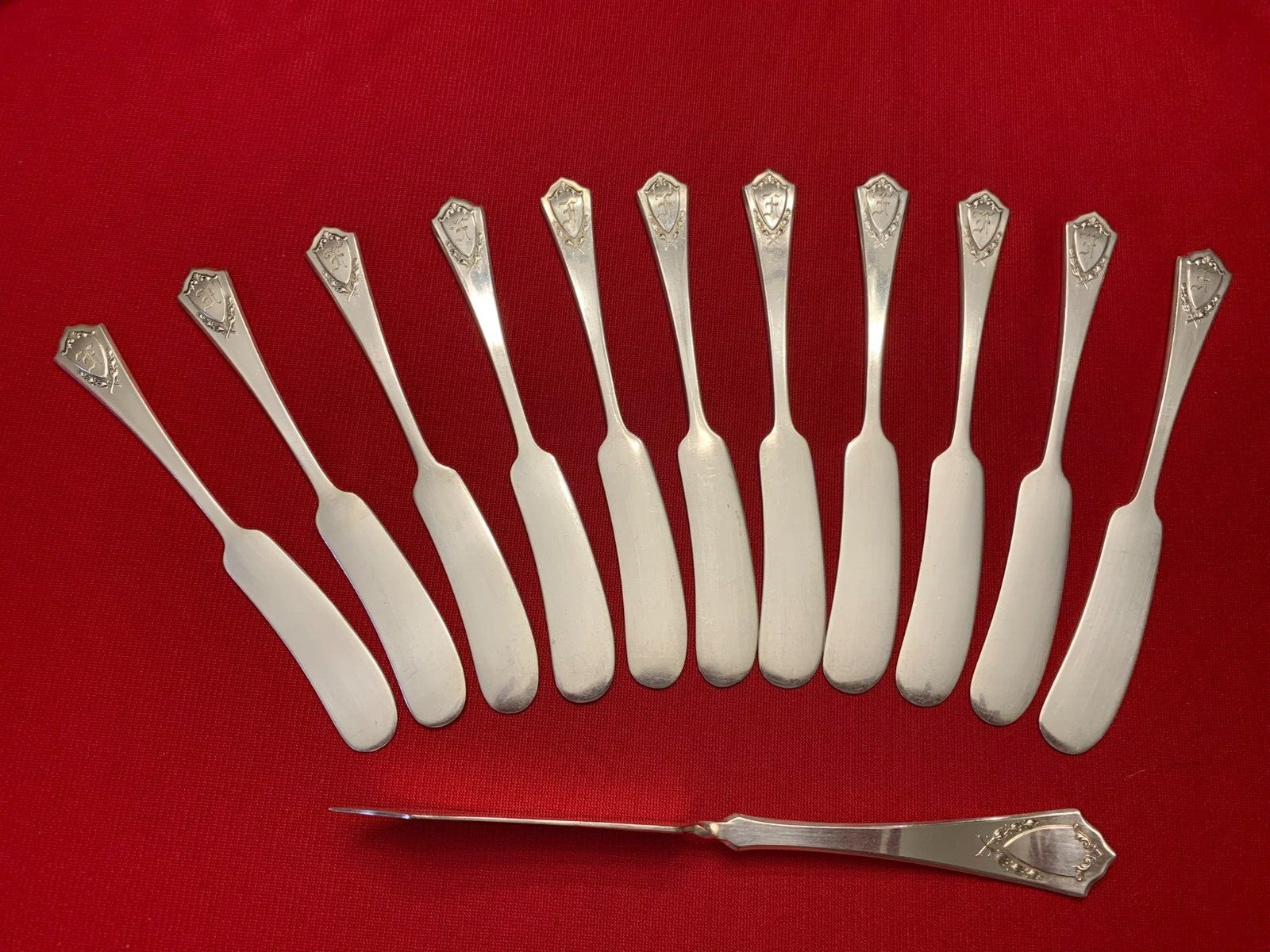 JEWELL R&B International Silverplate SET of 11 BUTTER SPREADERS Mono F 1916