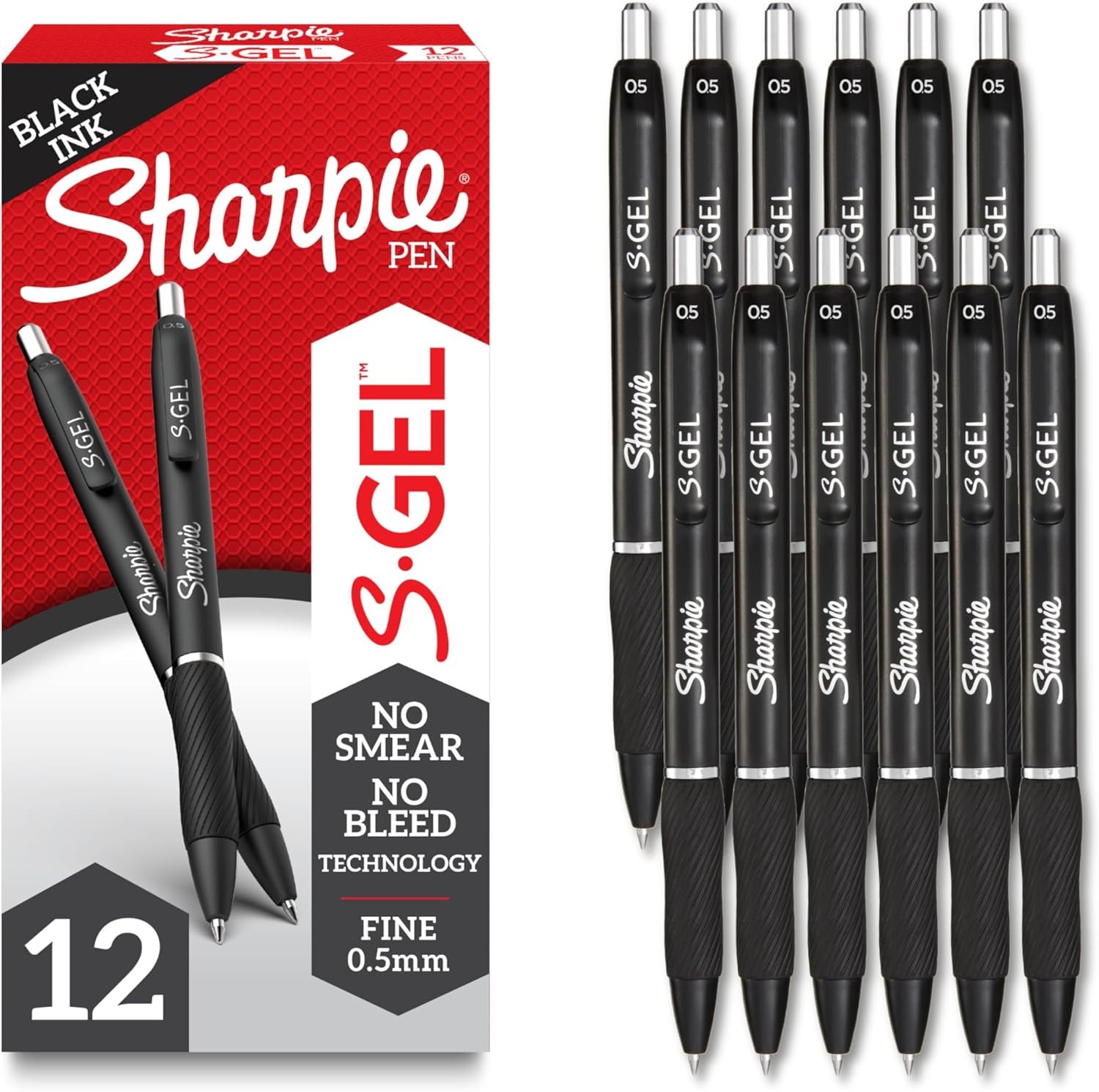 Sharpie S-Gel Pens, Fine Point (0.5mm), Black Ink, 12 count - Ideal for Writing,