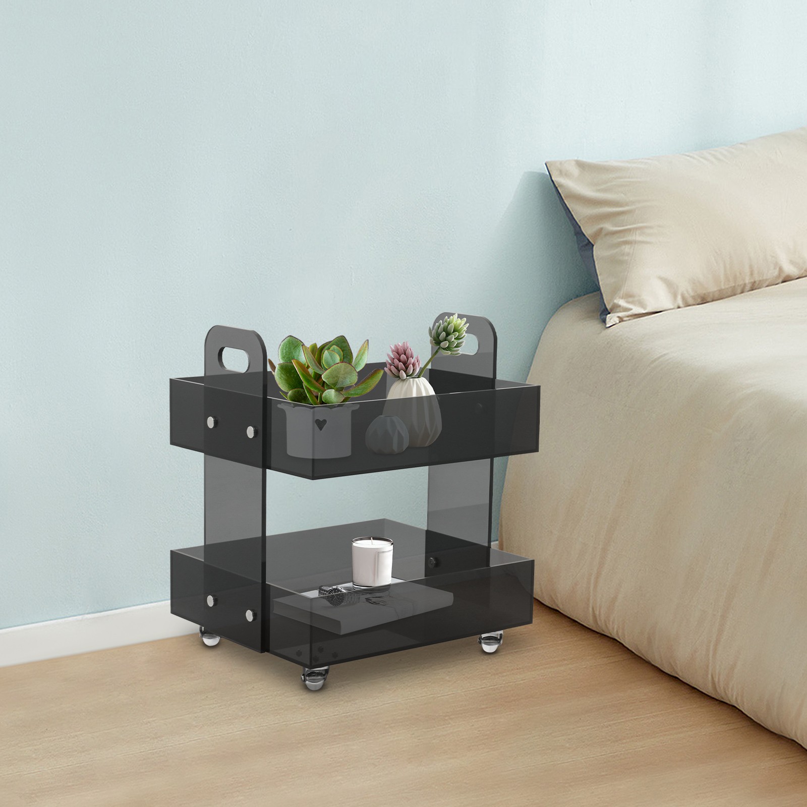 Clear Storage Side Table with 4 Wheels Acrylic Nightstand Transparent End Table