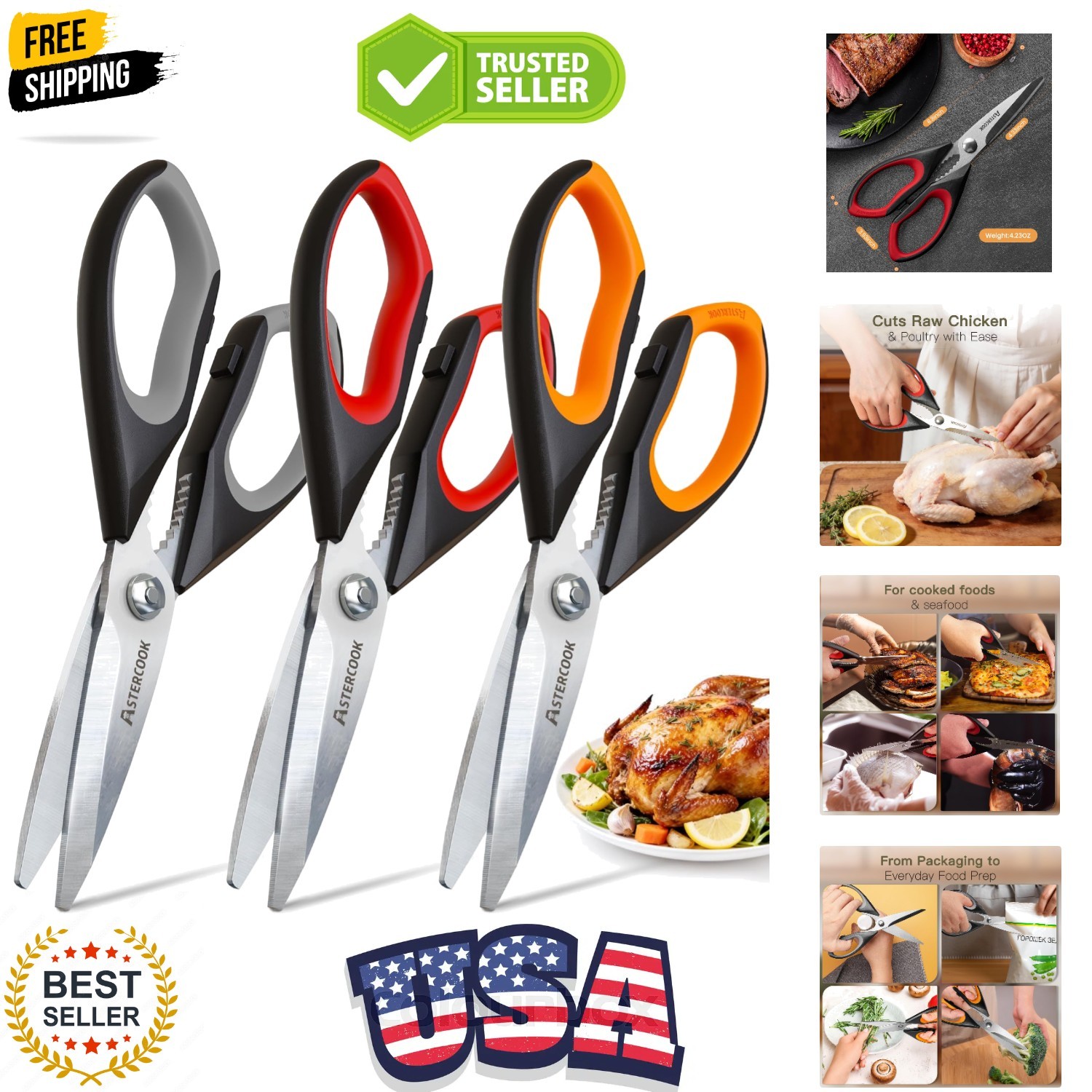 Kitchen Scissors All Purpose Heavy Duty,3 Pack Kitchen Shears Set,Stainless S...