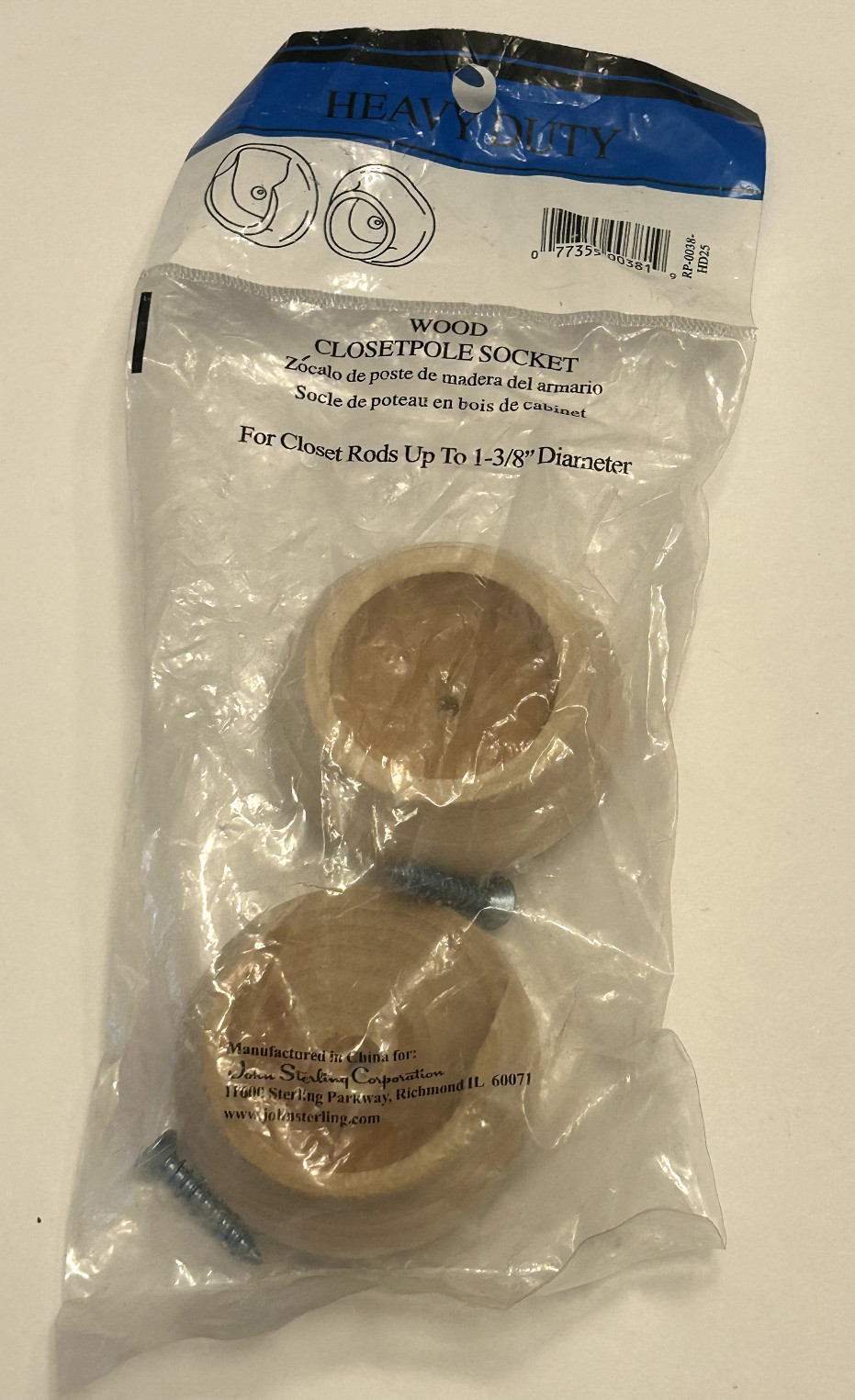 John Stearling  - RP-0038-HD25 - Wood Closetpole Socket - NEW