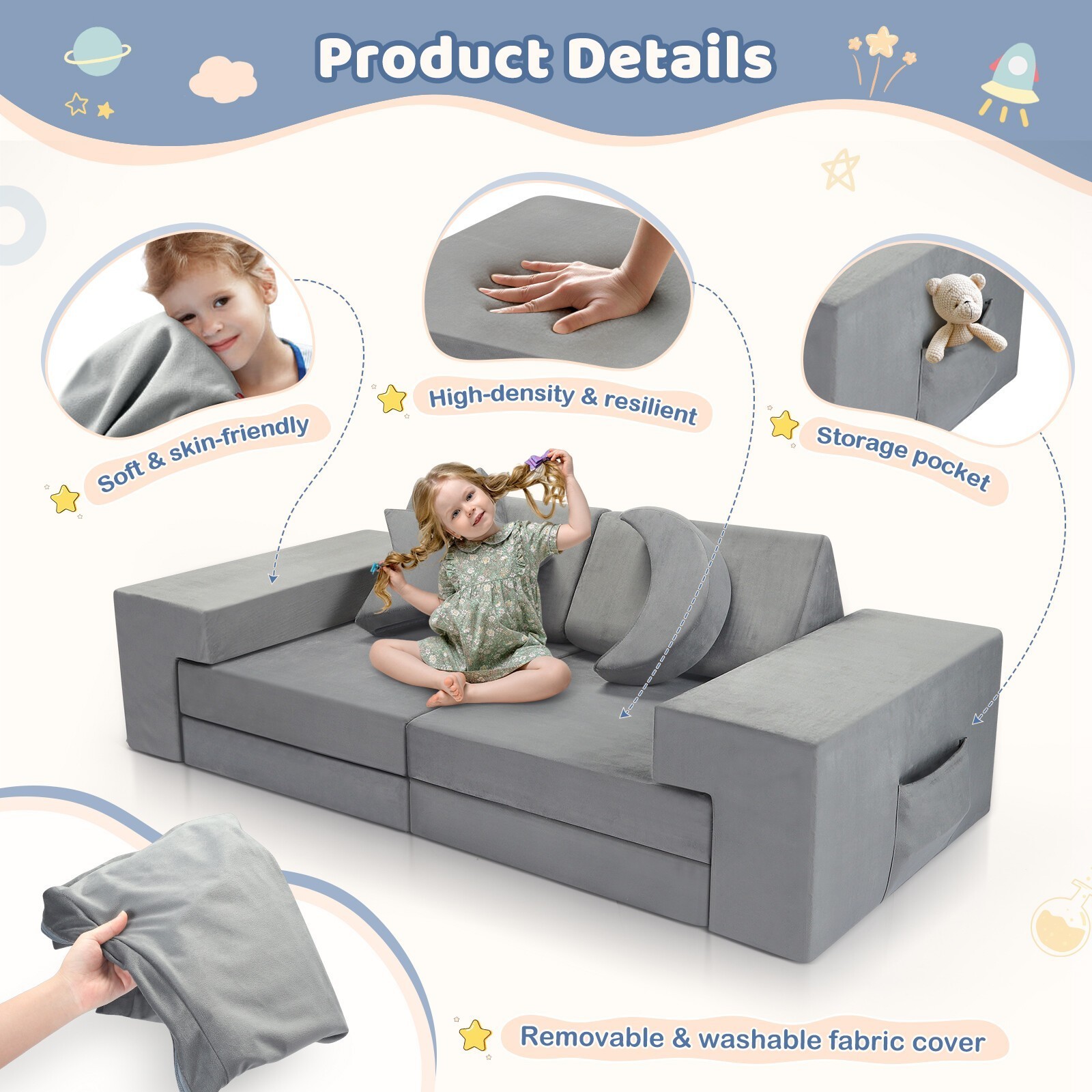 Modular Kids Play Couch for Playroom Bedroom, 9 in 1 Gray, Kids Large Game Toy