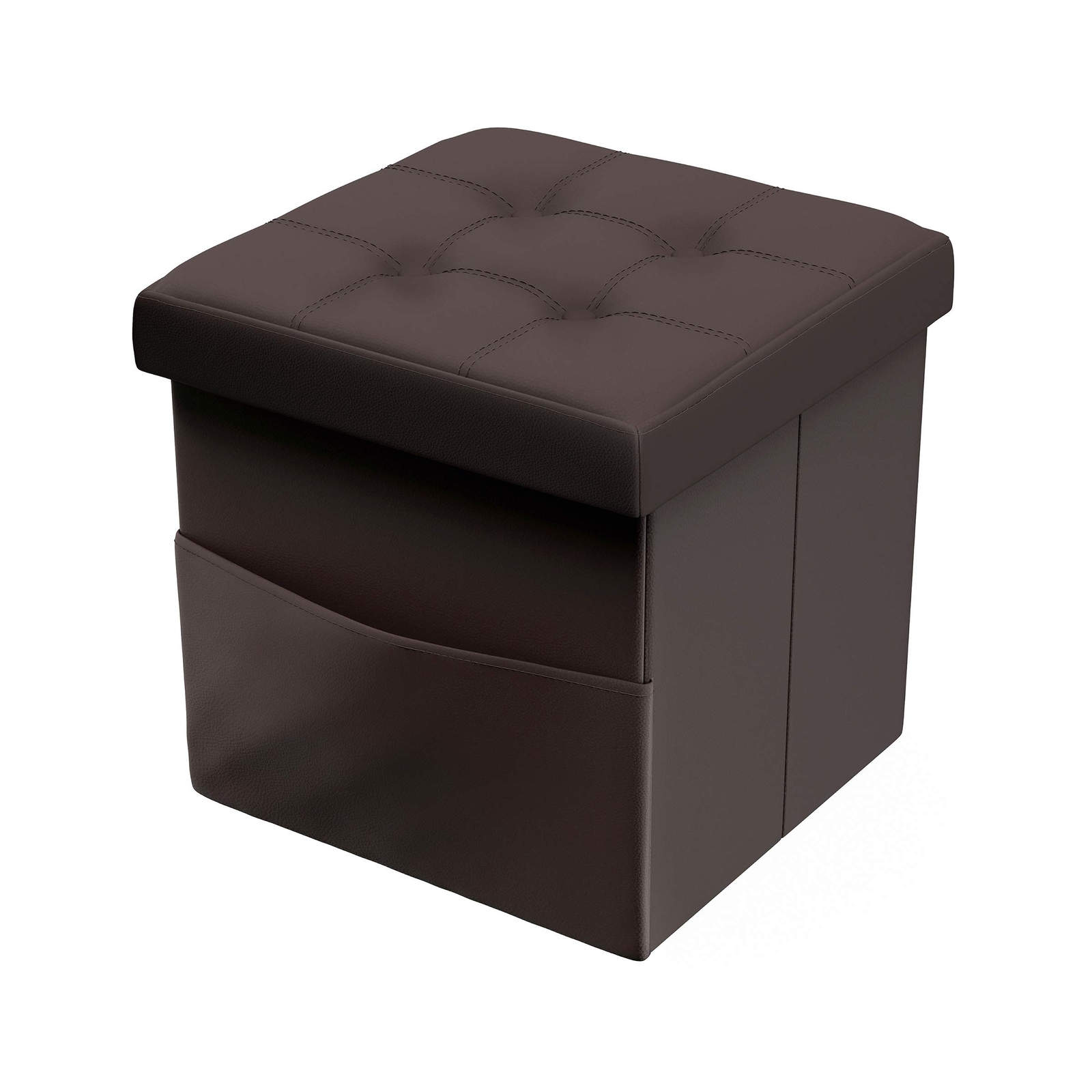 Foldable Storage Cube Ottoman With Pocket “ Tufted Faux Leather Footrest Organiz