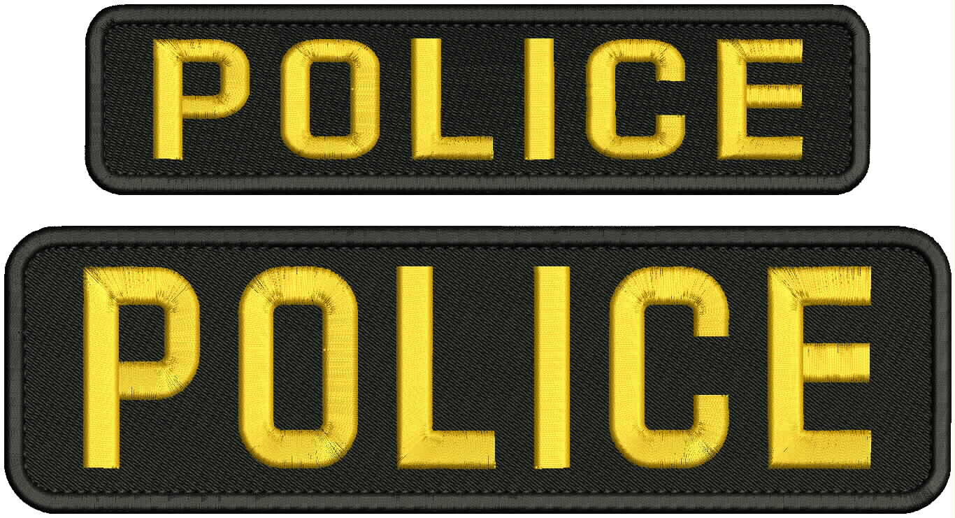 POLICE  EMBROIDERY PATCH 3X11 AND 2X9  HOOK ON BACK BLK/GOLD