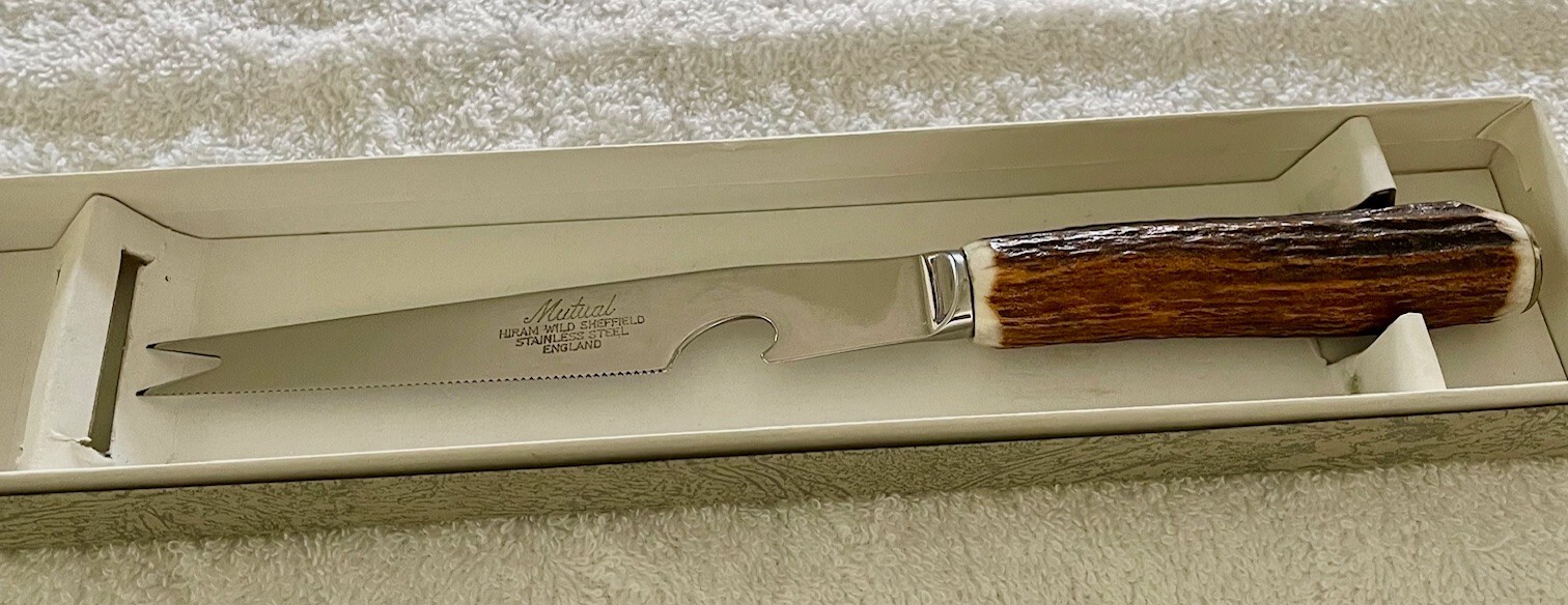 Hiram Wild Sheffield Stainless Steel Pronged Tip, Serrated Knife in Box