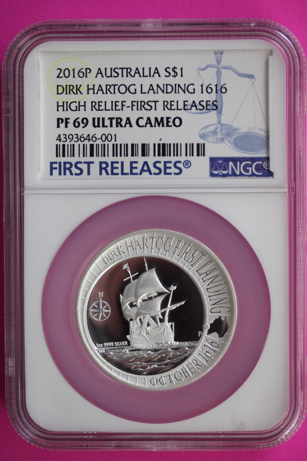 2016 PF 69 Australia Dirk Hartgog Landing 1616 Hi Relief 1 OZ Silver NGC 6068