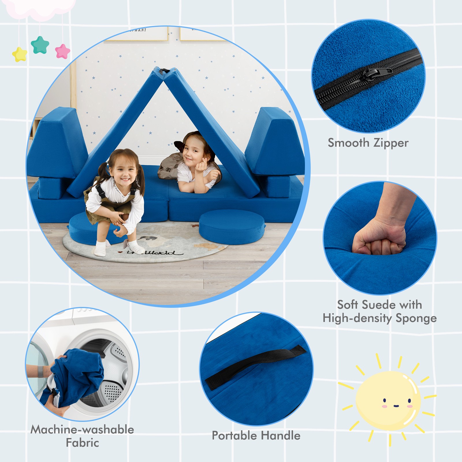 Kids 10 PCS Play Sofa Set Modular Convertible Foam Folding Couch Toddler Playset