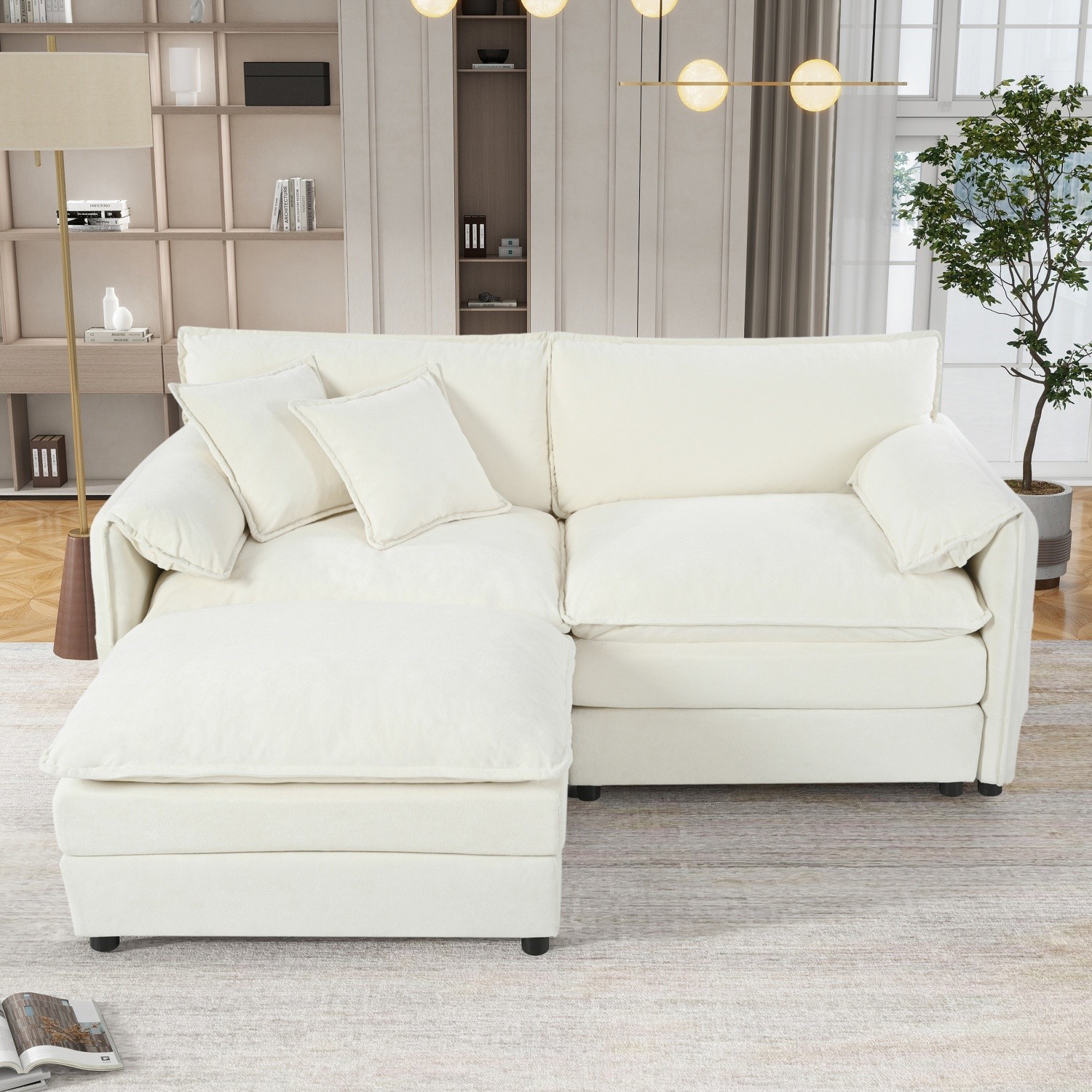 L-Shaped Sectional Sofa Couch 3 Seater Sofa Living Room Sofa w/ Ottoman & Pillow