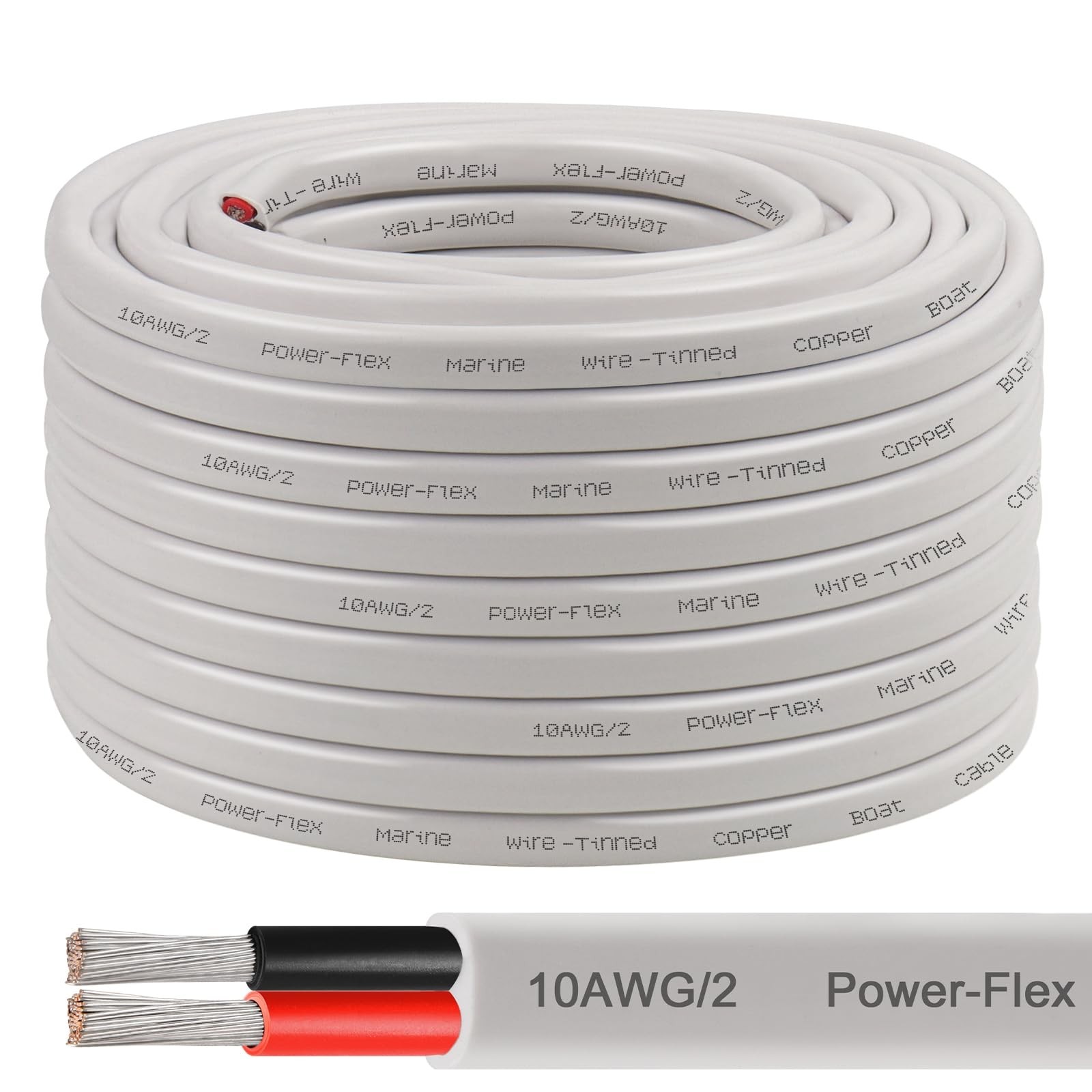10 Gauge Marine Wire, 100FT 10 AWG Tinned Copper Oxygen-Free Boat Cable Duple...
