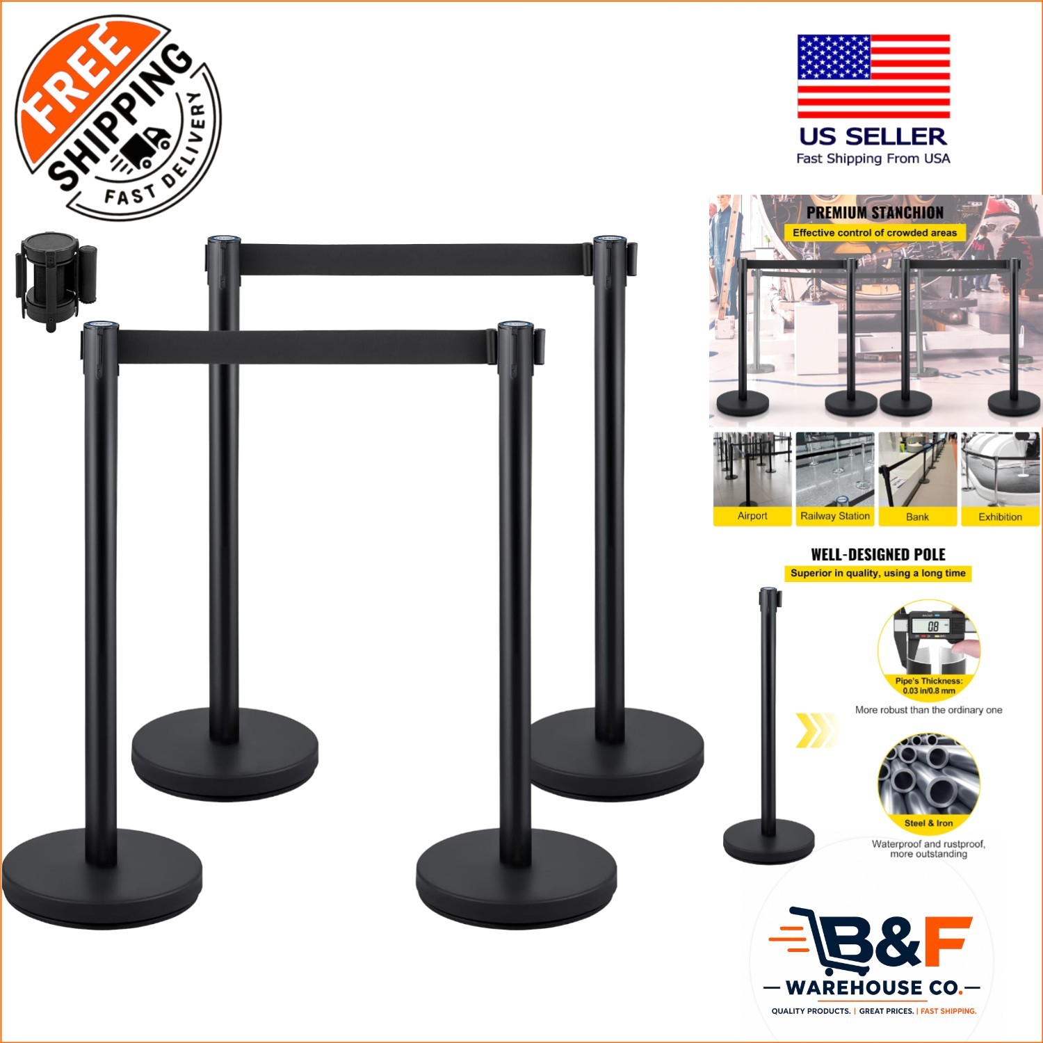 Stainless Steel Crowd Control Stanchions with Concrete Base – 4 Units Included