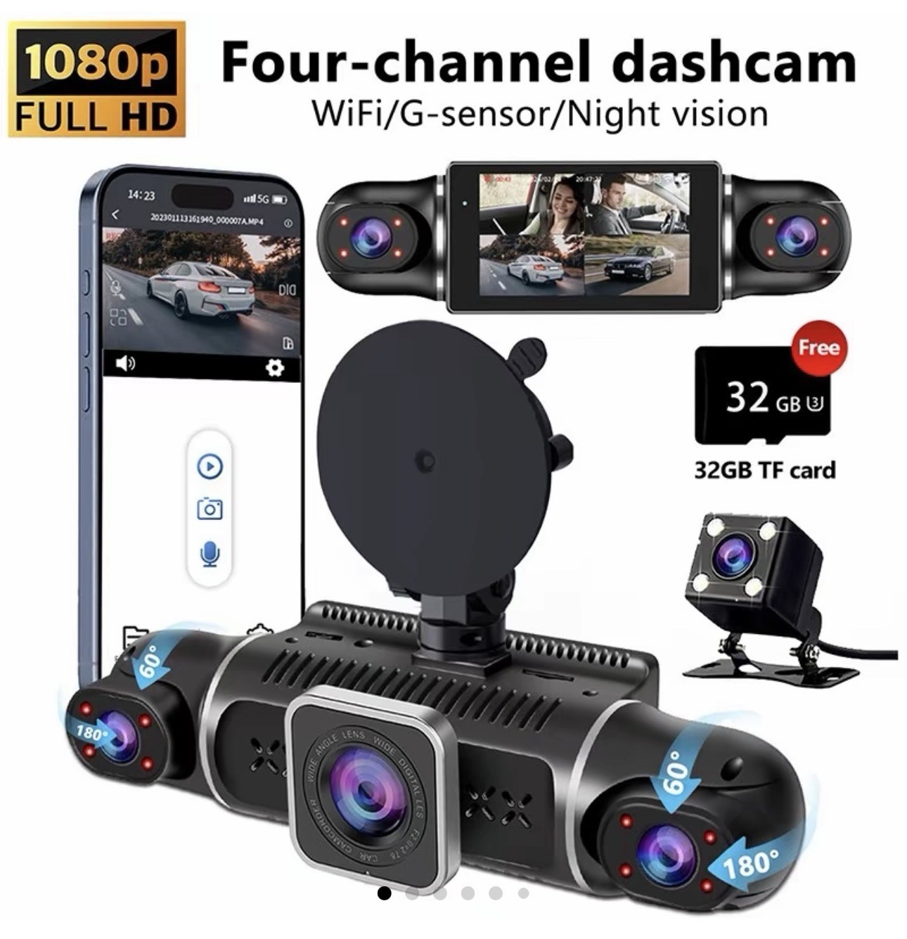 360° 4CH 1080P Wi-Fi Dash Cam Car Camera with Night Vision, 24/7 Parking Monitor