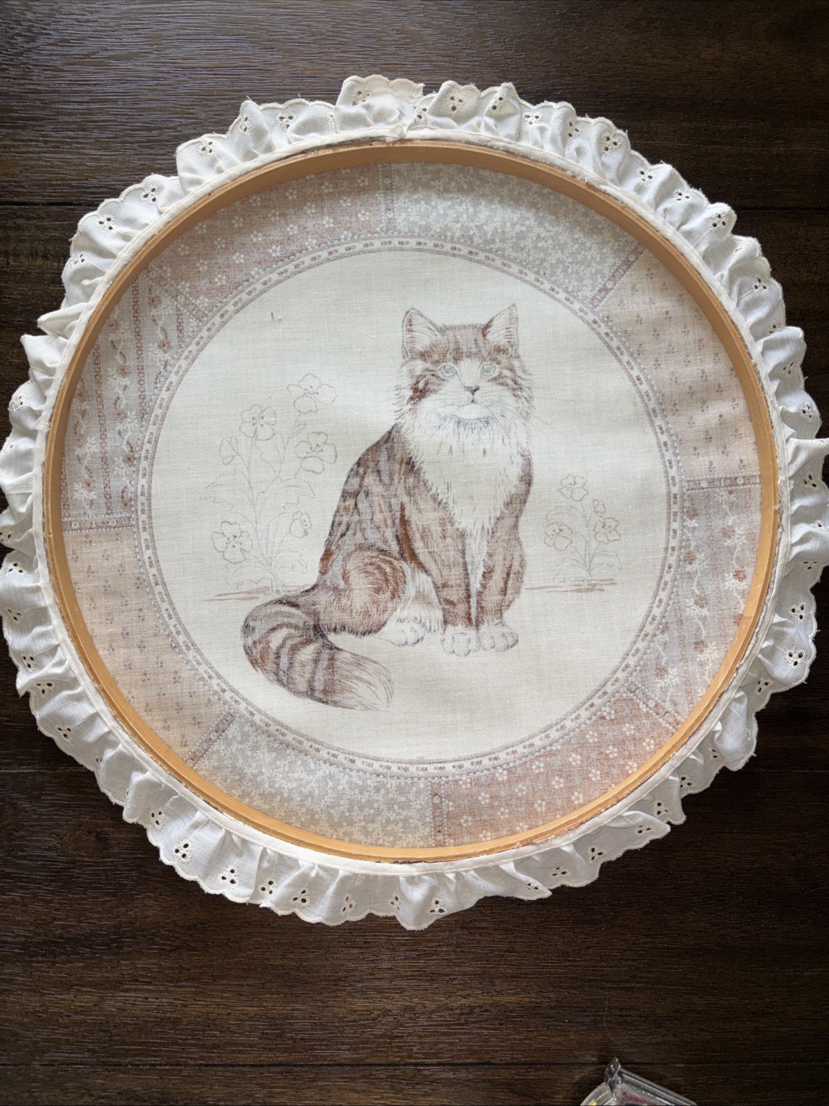 Vintage Large Embroidery Hoop Cranston Cat Print With Lace Trim. . 14.5 inches.