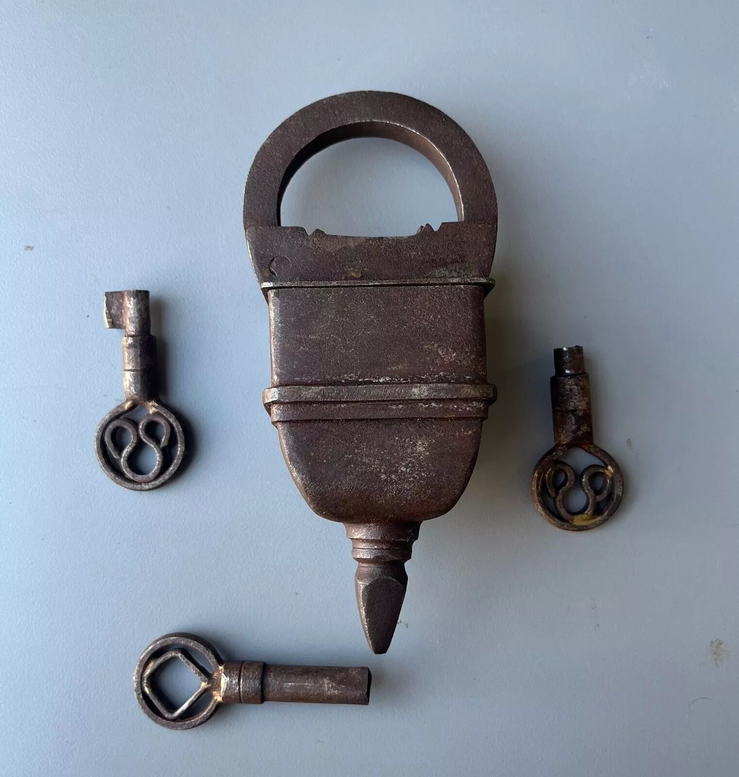 Vintage Iron 3 Keys Tricky Puzzle System Padlock Collectible, Rich in Patina