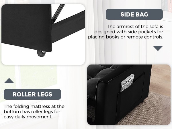 3 in 1 Modern Convertible Sleeper Sofa Bed Loveseat Couch for Small Spaces Black