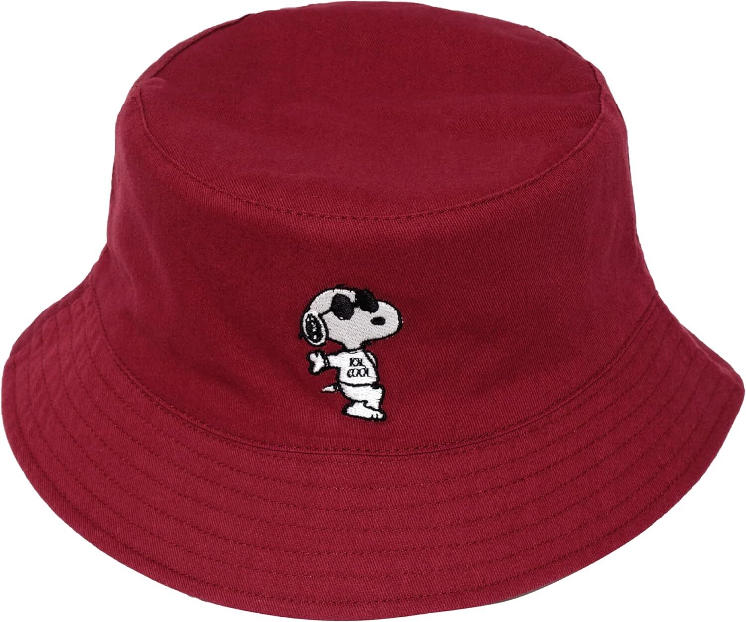 Peanuts Snoopy Bucket Hat, Packable Travel Wide Brim Summer Hat Burgundy