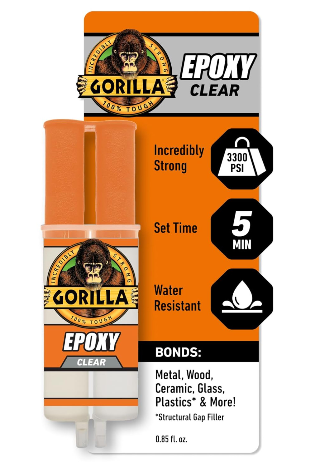 Gorilla 2 Part Epoxy, Clear Epoxy, 0.85 Ounce Syringe (Pack of 1) - 5 Minute Set