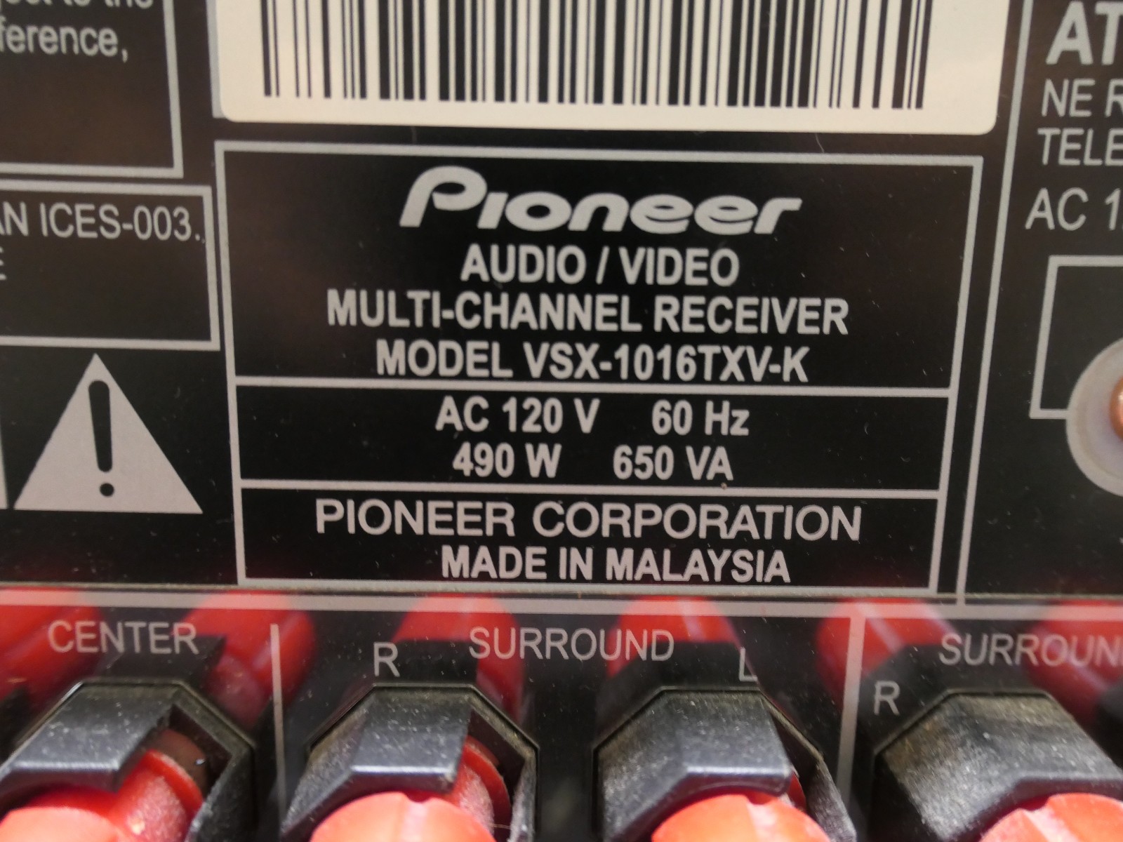 Pioneer VSX-1016TXV 7.1 Channel Surround Sound AV Receiver 1080p HDMI NO REMOTE