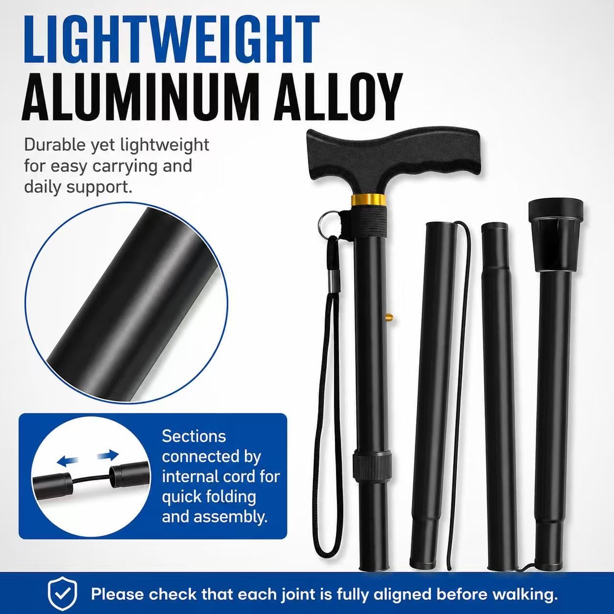 Folding Cane, Walking Height adjustment according to your requirements, Black
