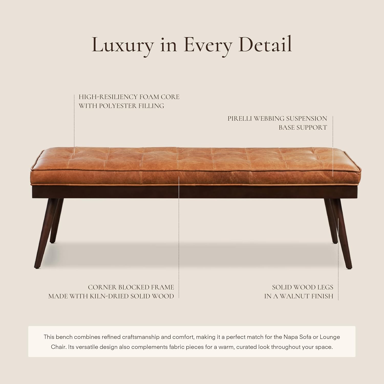 55" Tufted Leather Bed Bench for Bedroom End of Bed with Solid Wood Frame