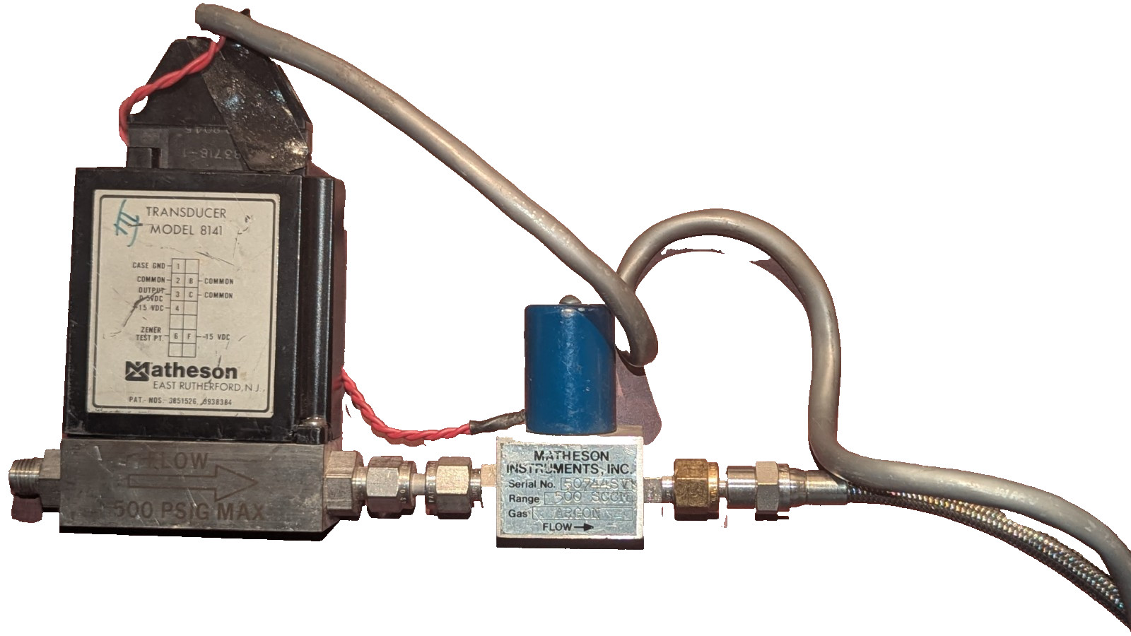 Matheson 8141 Flow Control Transducer w Wiring & Hose Argon 500 SCCM