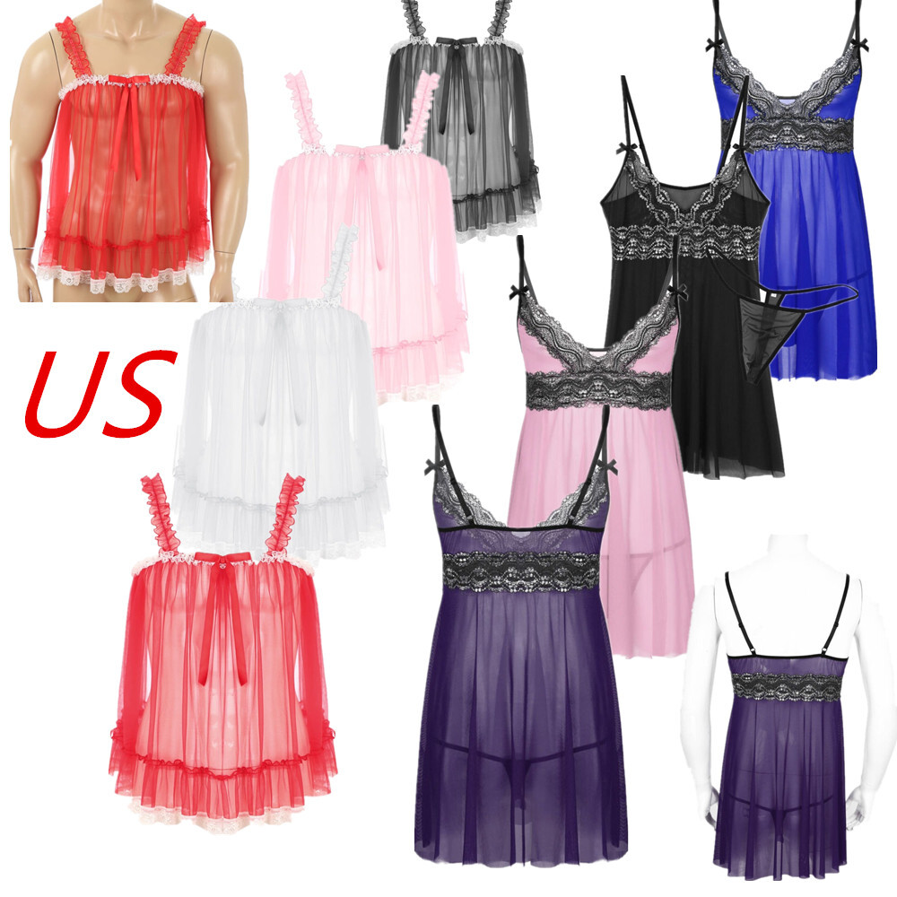 US Mens Sissy Sheer Lace See-Through Mesh Lingerie Camisole Sexy Dress Sleepwear