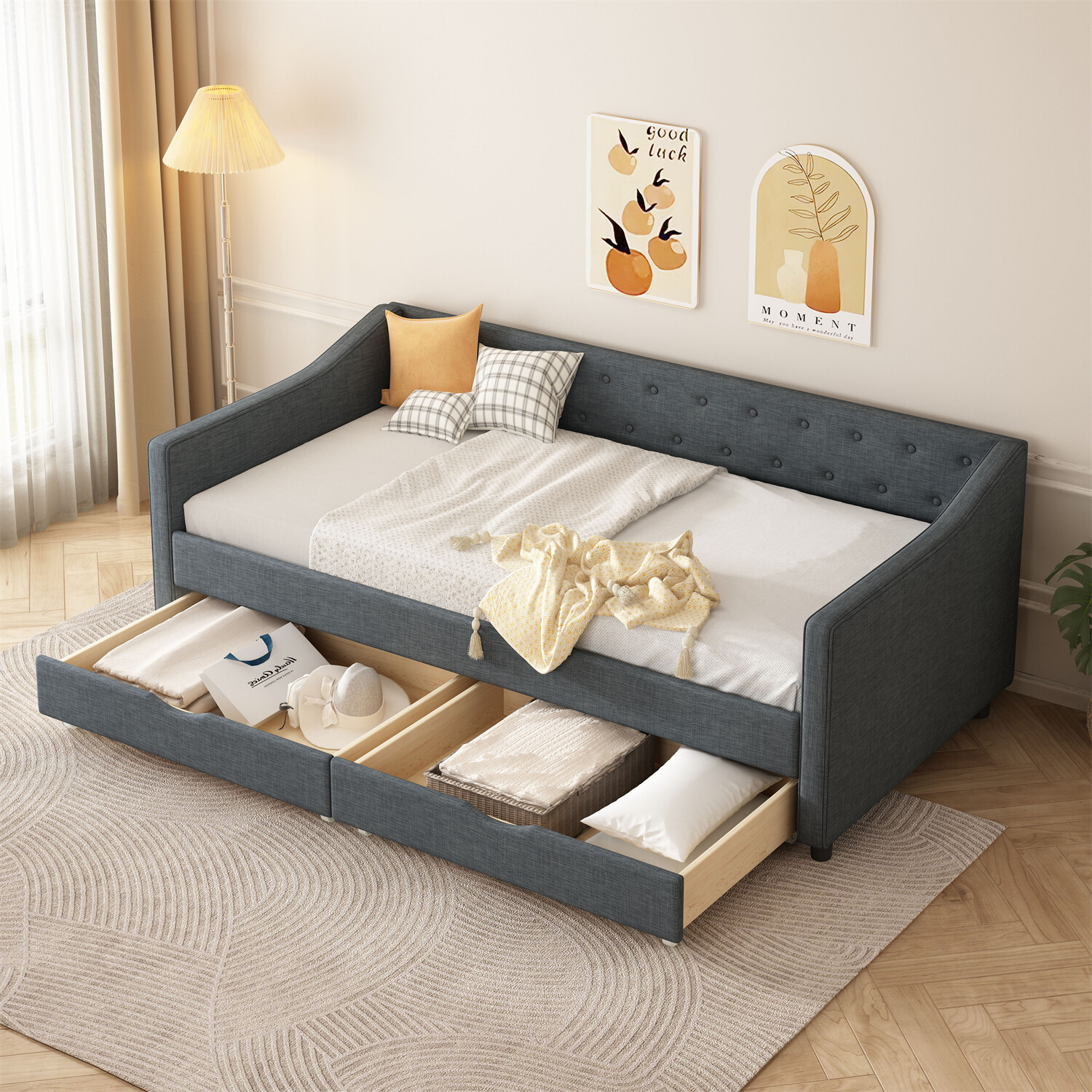 Twin Size Daybed Upholstered Bed Frame Sofa Bed with 2 Storage Drawers