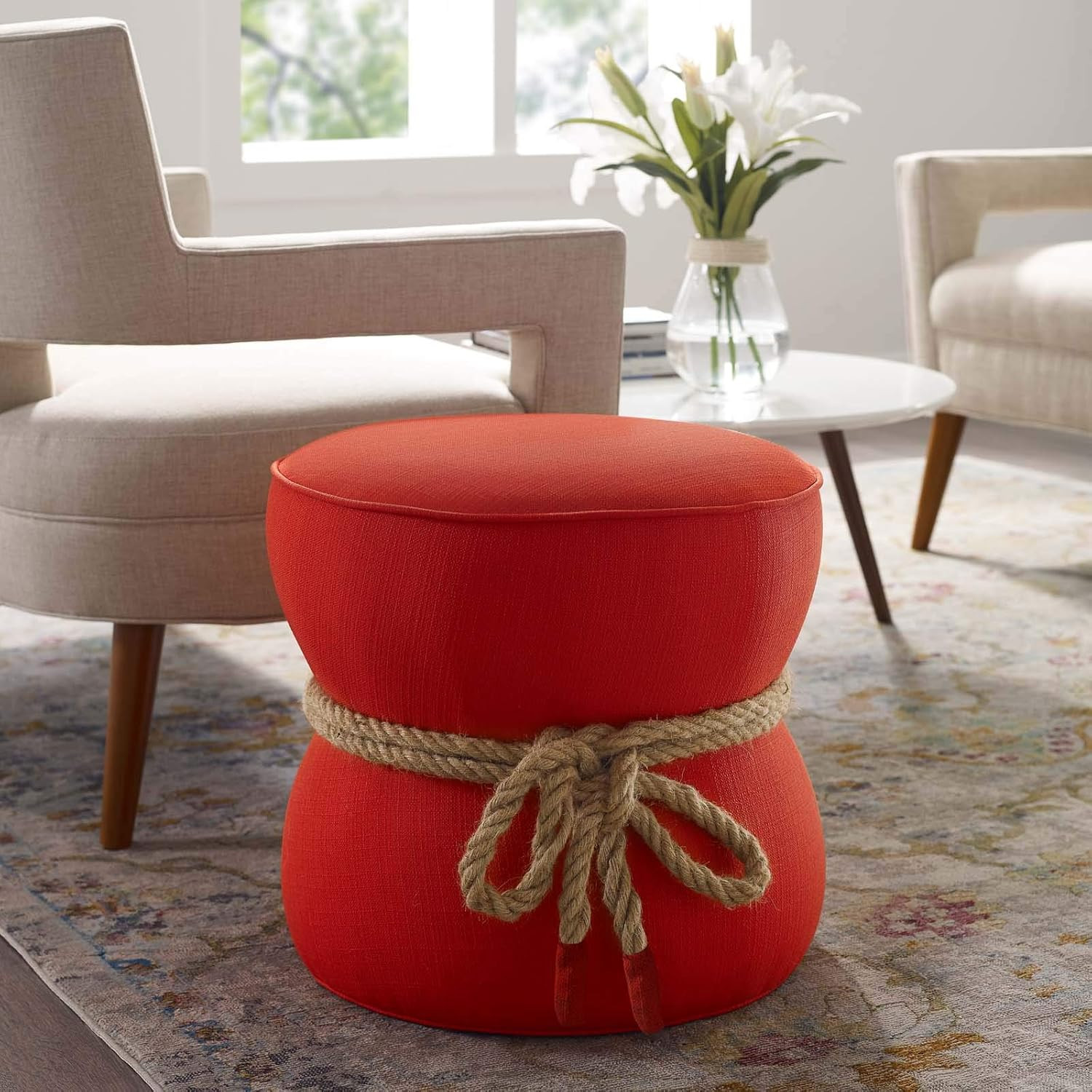 Atomic Red Nautical Rope Round Ottoman - Stylish Upholstered Fabric Accent