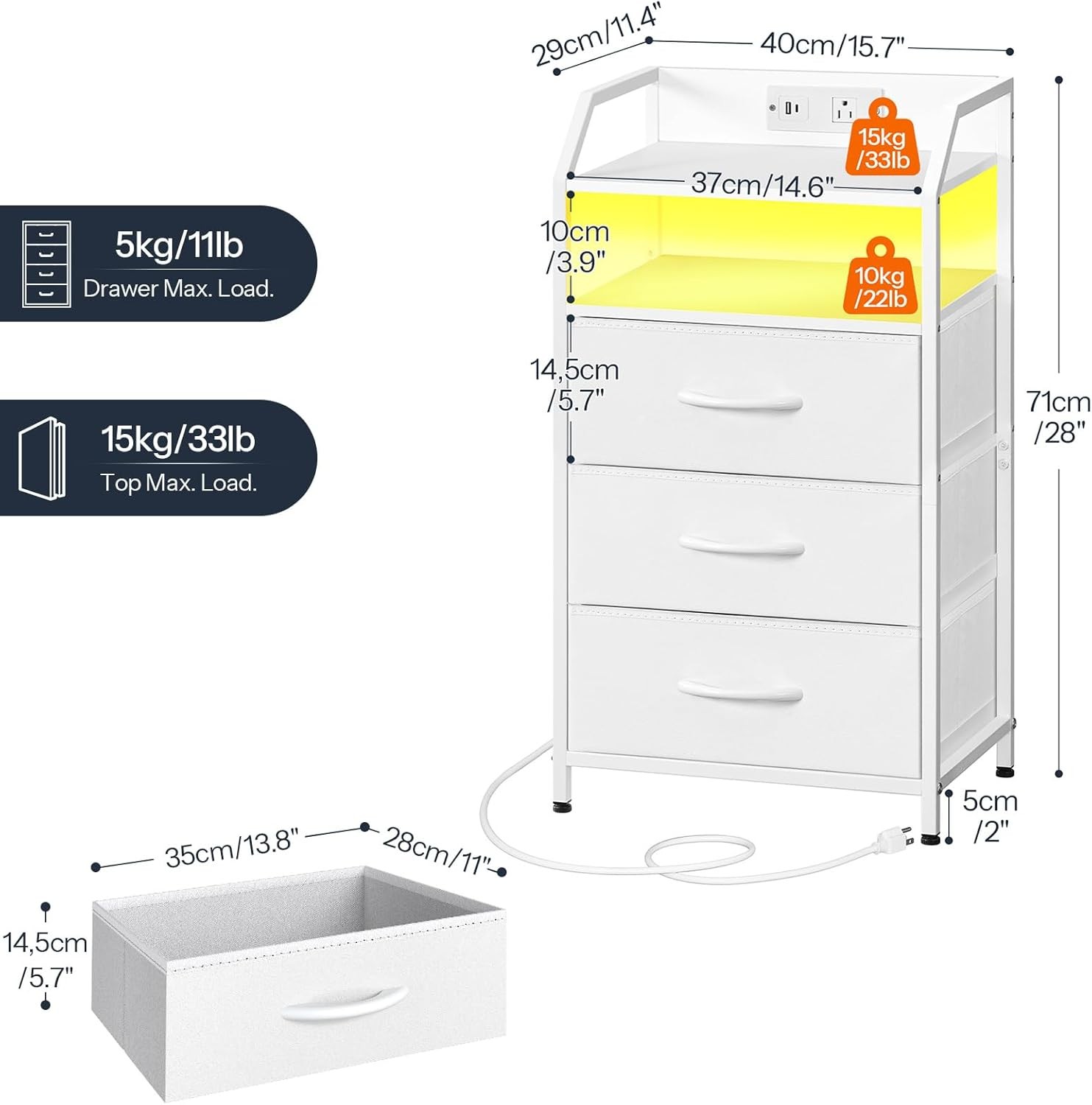 HOOBRO Nightstand with Charging Station, Bedside Table 1 AC White