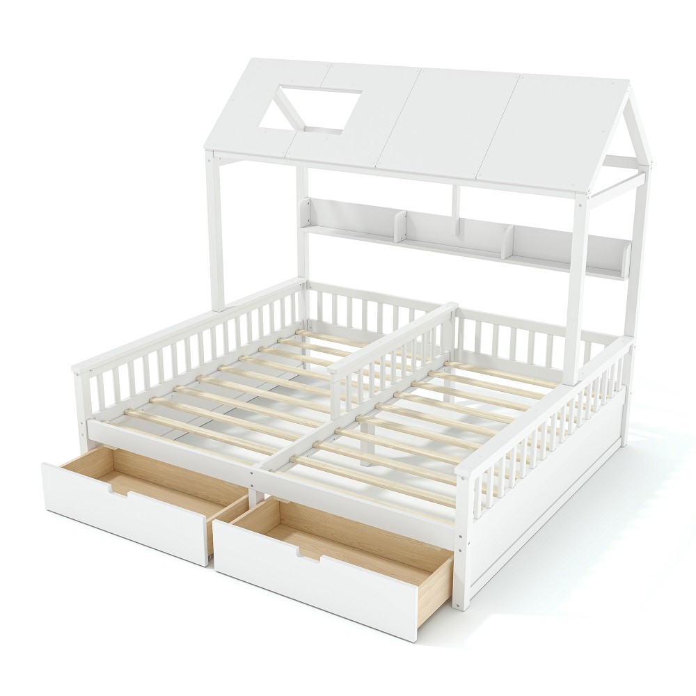 White Double Twin Platform Bed w/ Storage Shelves & Drawers
