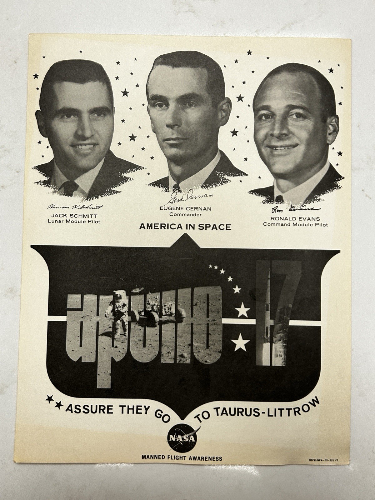 Original July 72 NASA Apollo 17 Manned Flight Awareness Astronauts Poster 8.5x11