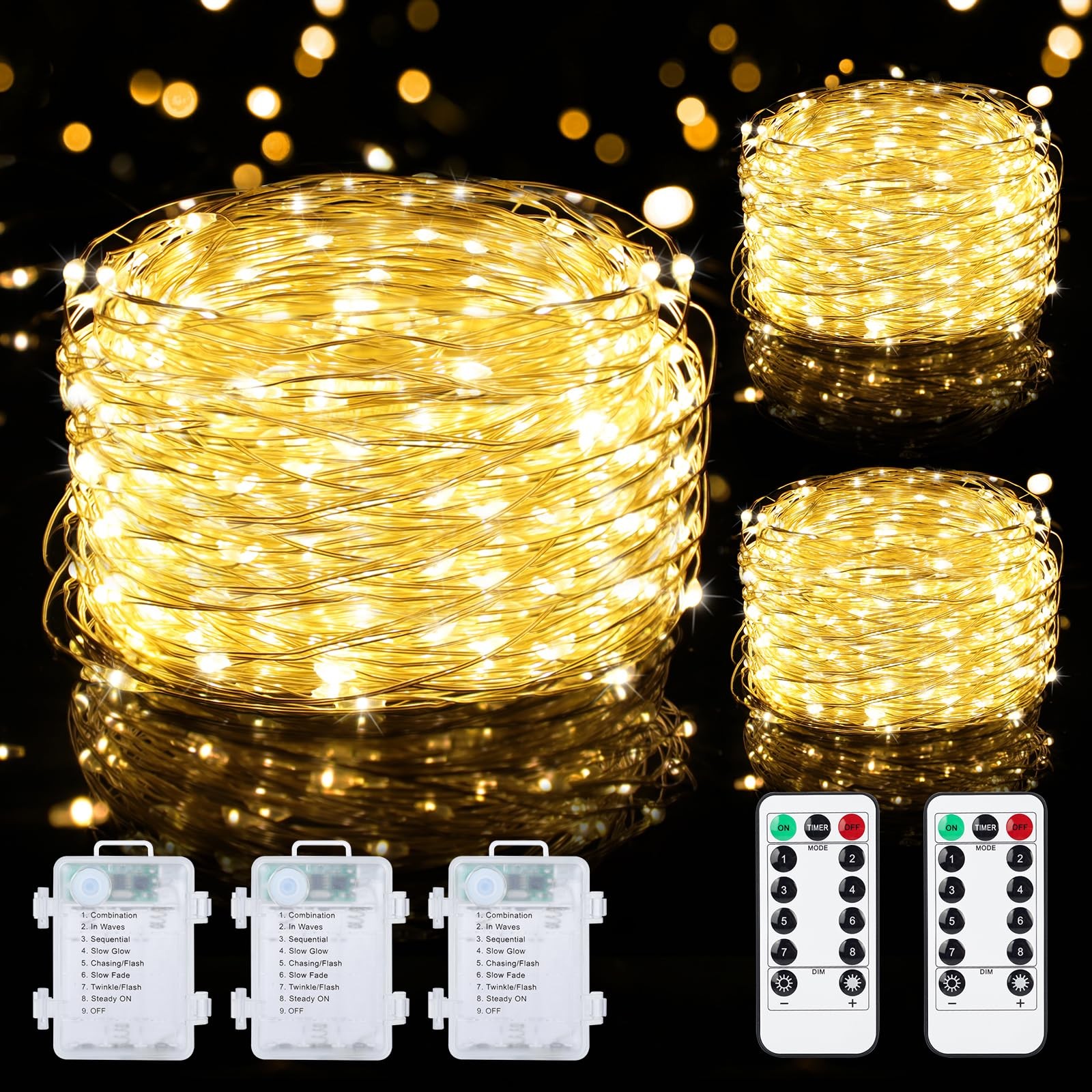 3 Pack 99FT Battery Operated Fairy Lights with Remotes, Warm White