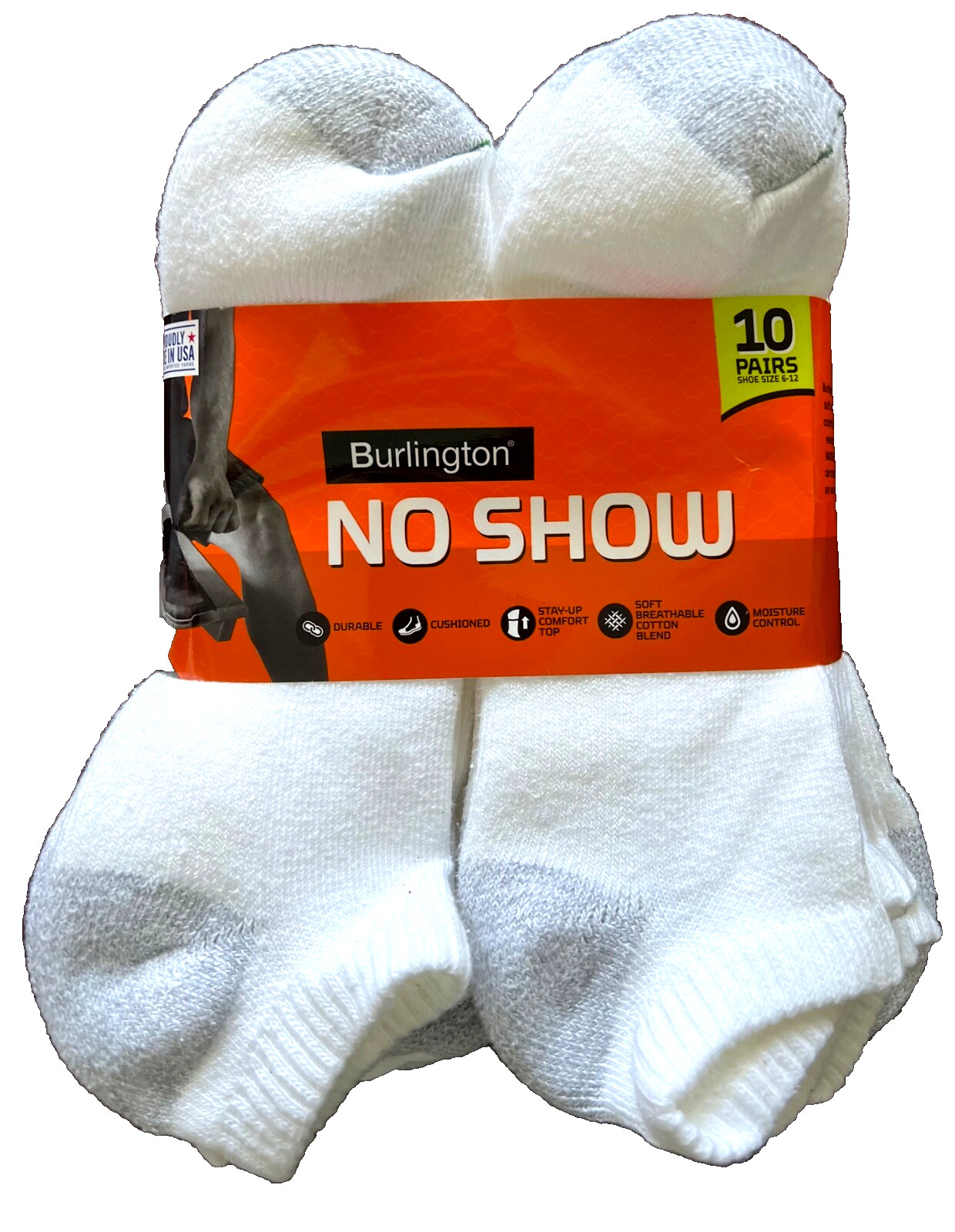BURLINGTON 10-PR NO-SHOW MEN'S CUSHIONED SOCKS WHITE SIZE LG FIT 6-12 SHOE USA