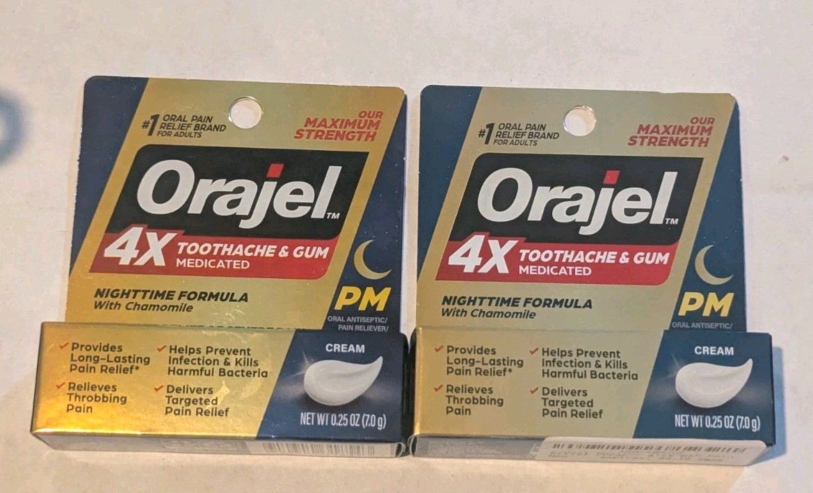 2 Orajel 4X PM Night Time Medicated Pain Relief Toothache Chamomile .25oz 8/26