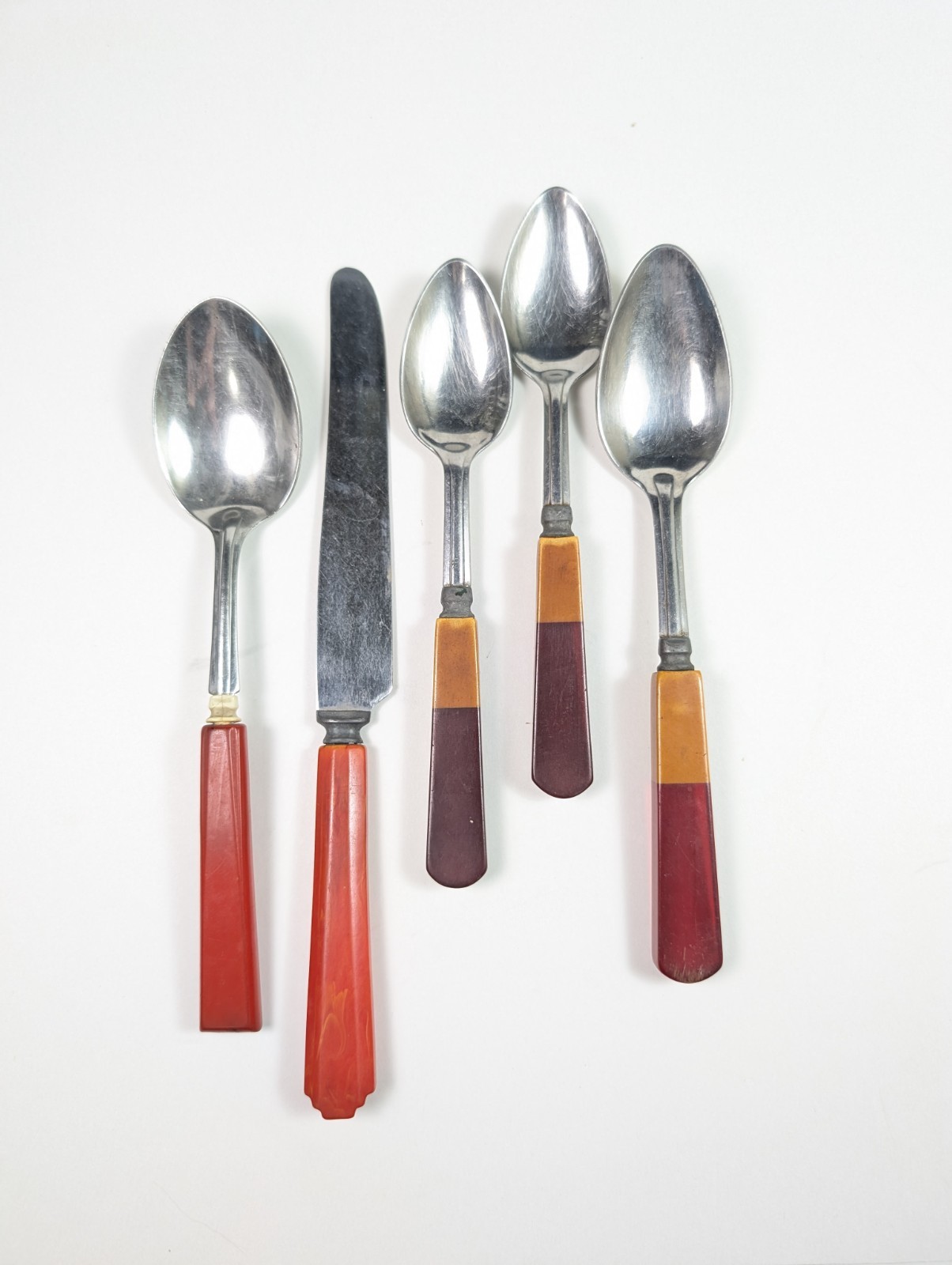 Red Bakelite Flatware Set Two Tone Cherry Red Amber 5 Piece Spoon Knife