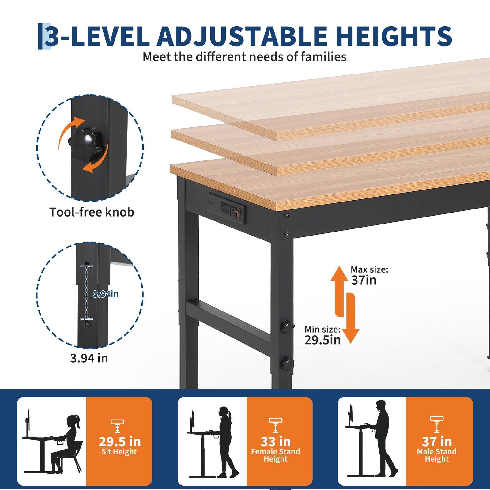 48" Adjustable Workbench 2200LBS Heavy Duty Work Table Garage with Power Outlets